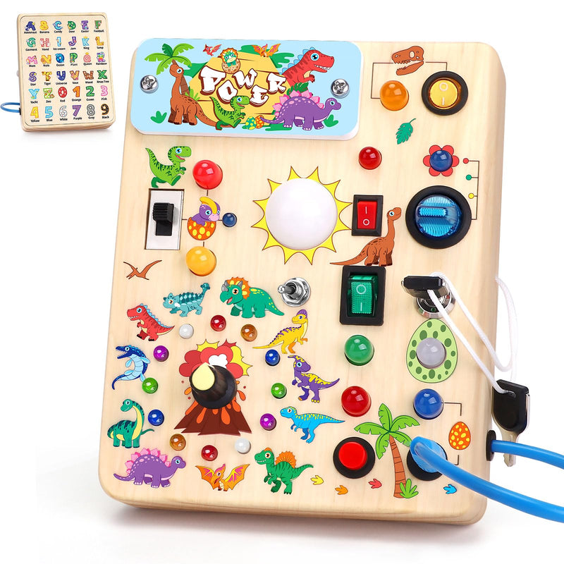 Dinosaurier Busy Board Montessori Spielzeug ab 1 jahr Activity Board Holzspielzeug Mit 10 Schaltern und 23 LED Lichtern Sensorik Spielzeug Motorikspielzeug für Babys und Kinder ab 1 2 3 4 Jahre Jungen