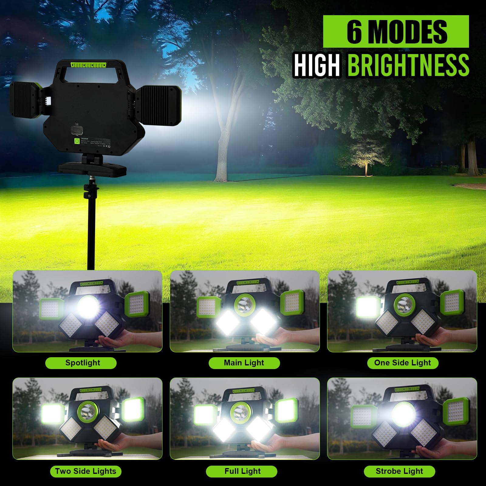 SYLSTAR LED Strahler Akku 55W, 5000LM Magnetische LED Arbeitsleuchte, Baustrahler Akku Faltbar & 360° Drehbar, 6 Modi Baustellenlampe für Werkstatt, Baustelle, Camping, Autoreparatur