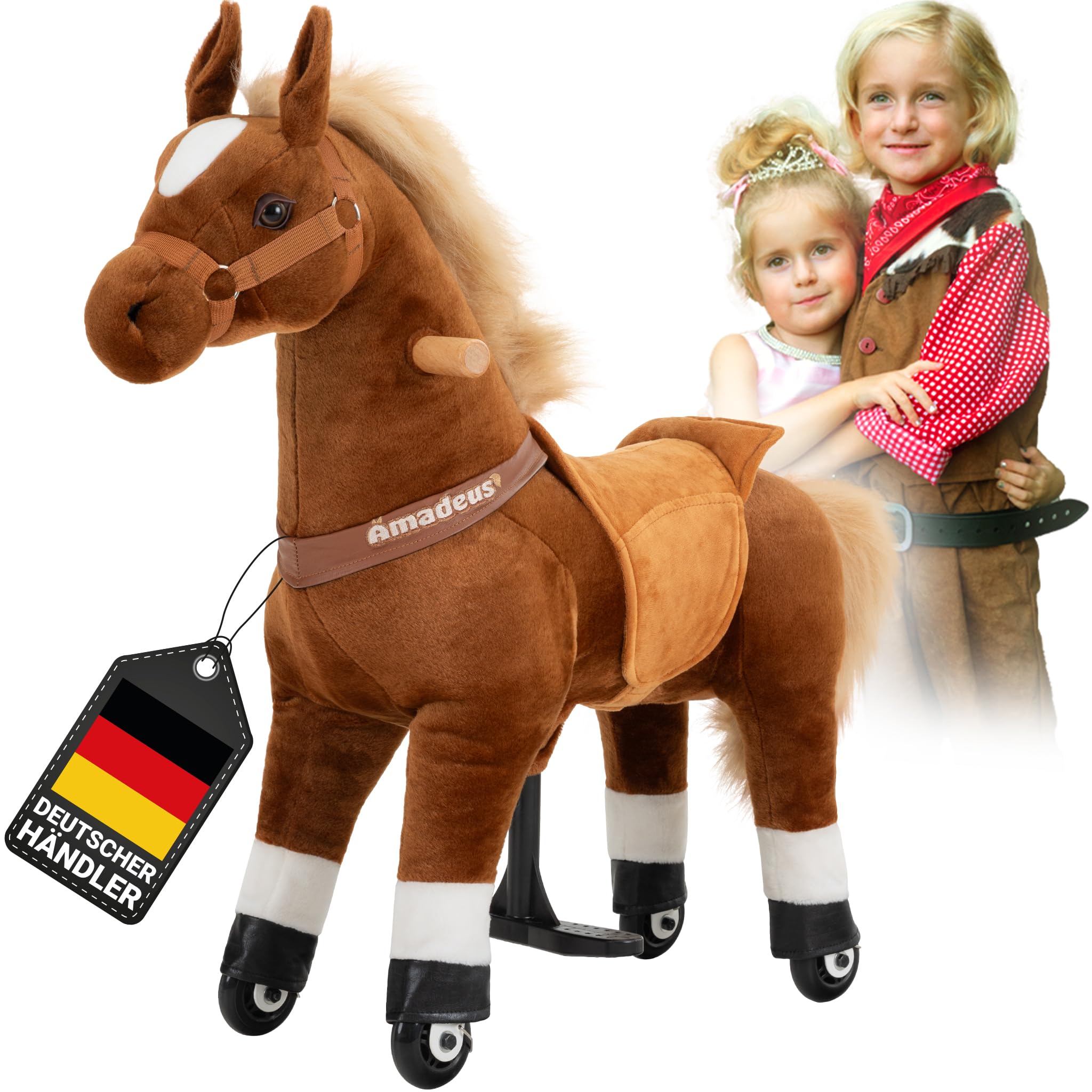 Miweba Pony Amadeus | Reitpferd auf Rollen - Pferd für Kinder - Schaukelpferd - Schaukeltier - Kuscheltier - Spielpferd zum Reiten - Plüschtier - Stofftier - Stehpferd - 4-8 Jahre (M Medium)