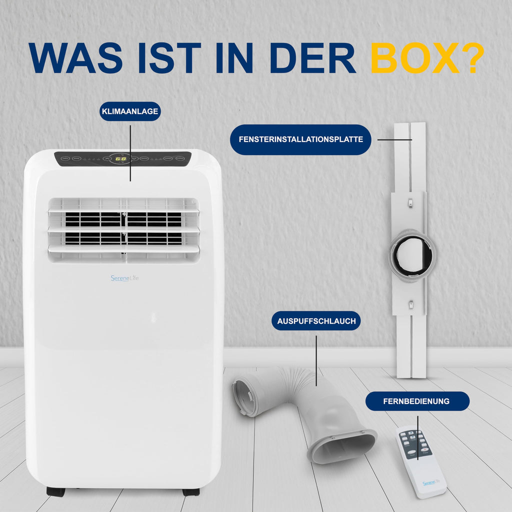 SereneLife Klimaanlage mobil 4-in-1: Luftkühler, Ventilator, Luftentfeuchter + Heizung – Tragbares Klimagerät mit Abluftschlauch, Fernbedienung & Kit für Räume bis 42 m² – Fenster-Montage 9,000 BTU