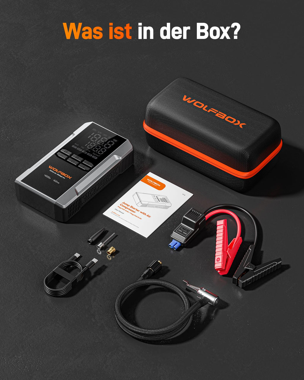 WOLFBOX 4000A Starthilfe mit 160PSI Kompressor, 12V Batterie-Booster, 65W Schnellladung, 88.8Wh Reifenfüller, LED-Anzeige für 10L Benzin-/Dieselmotoren, LED-Licht, Starthilfekabel
