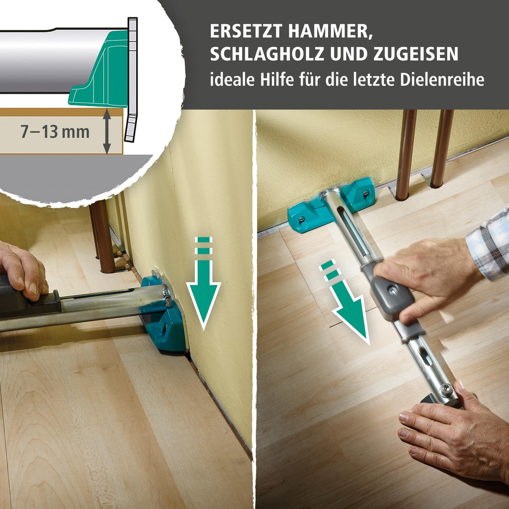 wolfcraft Hammer-Zugeisen 6945000 – Werkzeug zum Verlegen von Laminat und Parkett – 3-in-1-Funktion – Hammer, Schlagholz und Zugeisen in einem Produkt