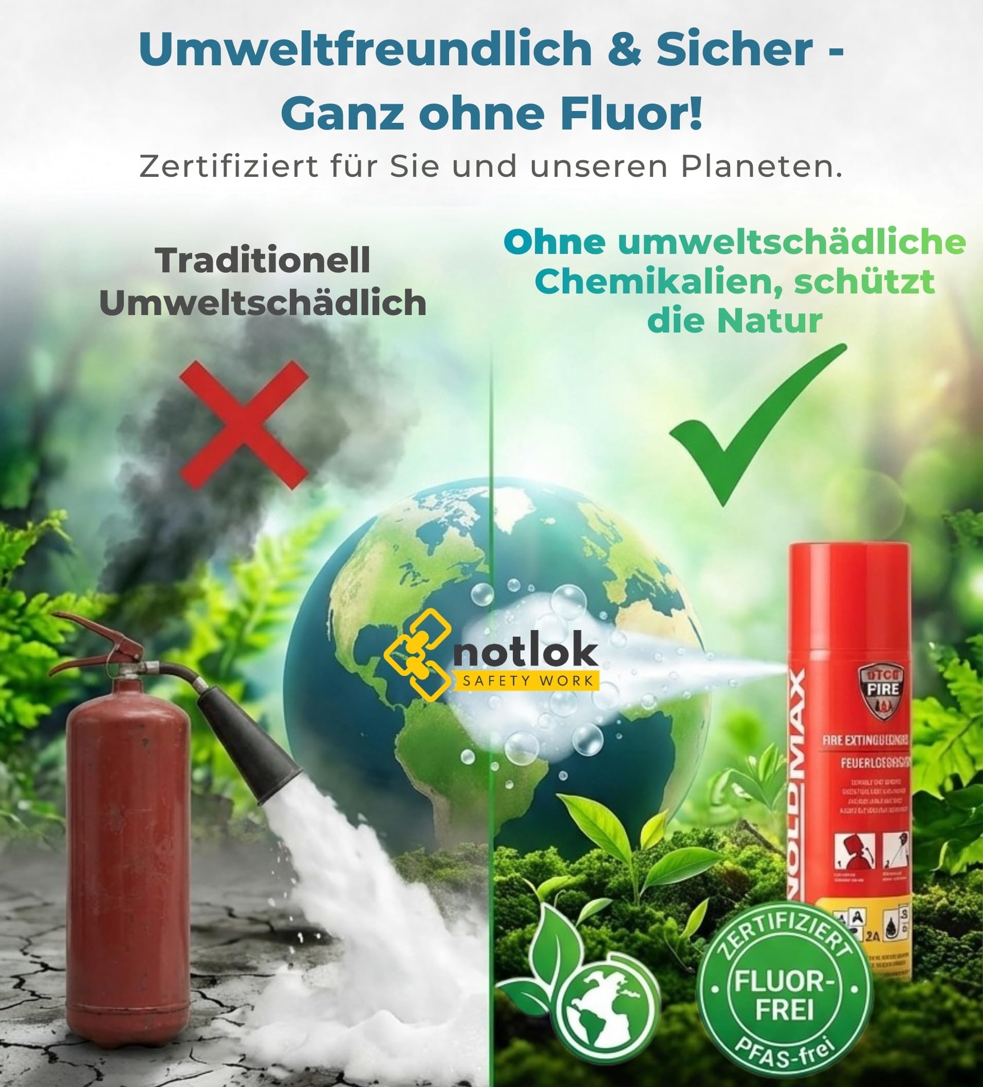 notlok Safety Work - 500g Feuerlöschspray fluorfrei | Hautfreundlicher Mini-Feuerlöscher-Schaum für Brände A F & E bis 1000 V | Klein Feuerlöscher für Zuhause & Auto
