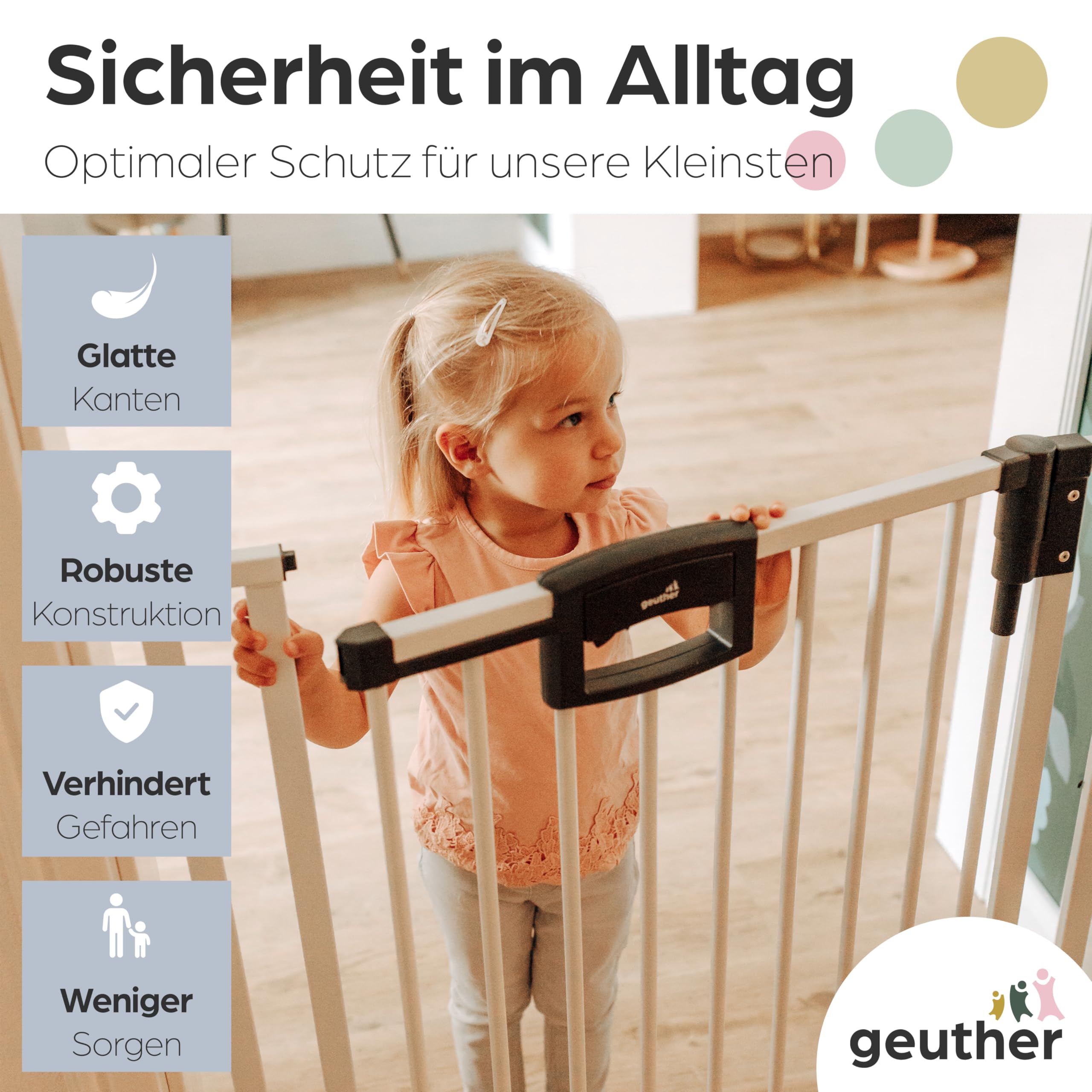 Geuther Türschutzgitter Easylock Plus | Treppenschutzgitter ohne Bohren Breite 68-76 cm | Türgitter Baby Holz-Metall | Kinderschutzgitter beidseitig öffnend | Kindersicherung Tür | Weiß