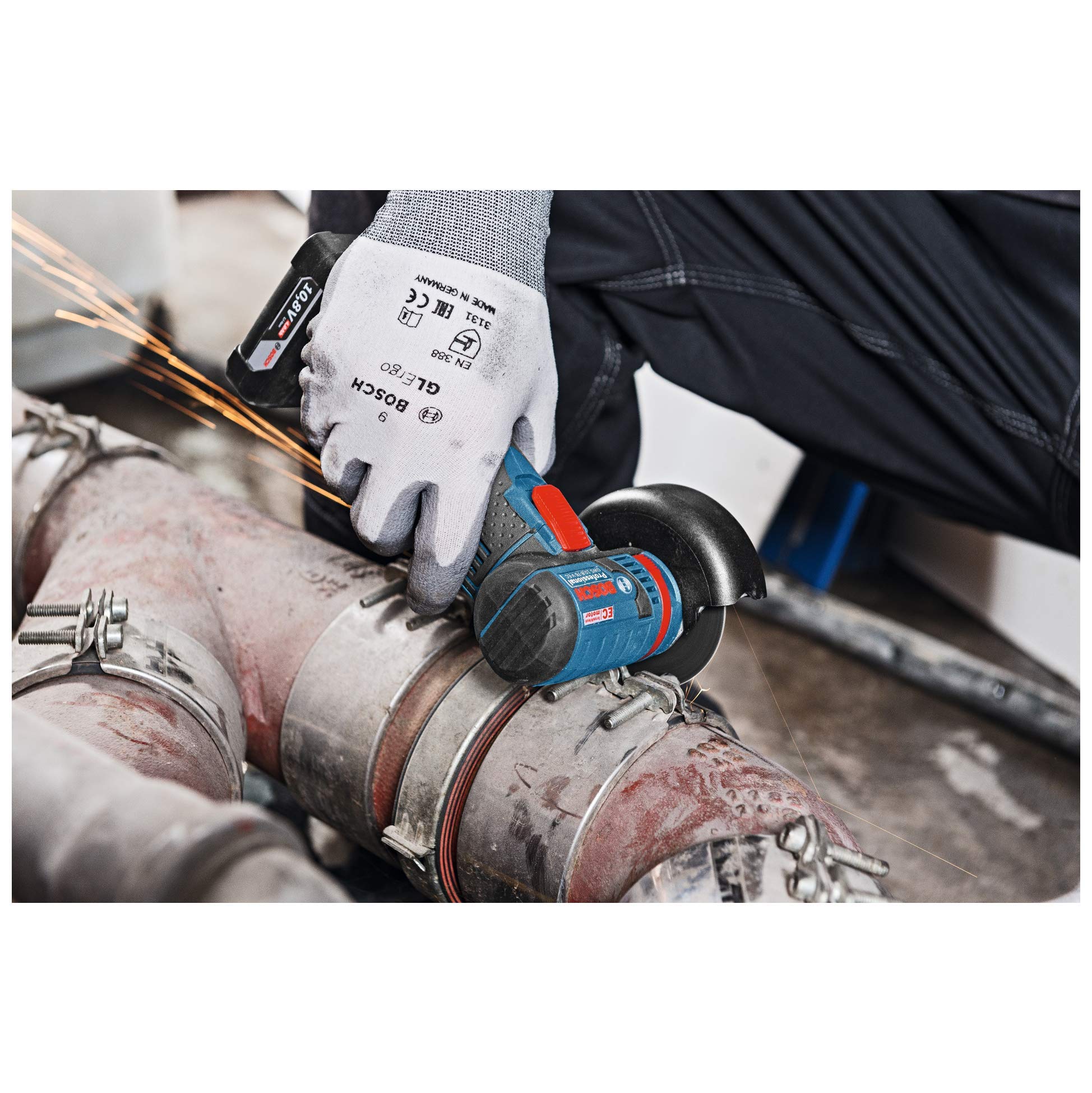 Bosch Professional 12V System Akku Winkelschleifer GWS 12V-76 (inkl. 2x Trennscheibe Expert for Inox, 1x Hartmetall - Trennscheibe Carbide Multi Wheel, 2x Einlage, L-BOXX, ohne Akku/ Ladegerät)