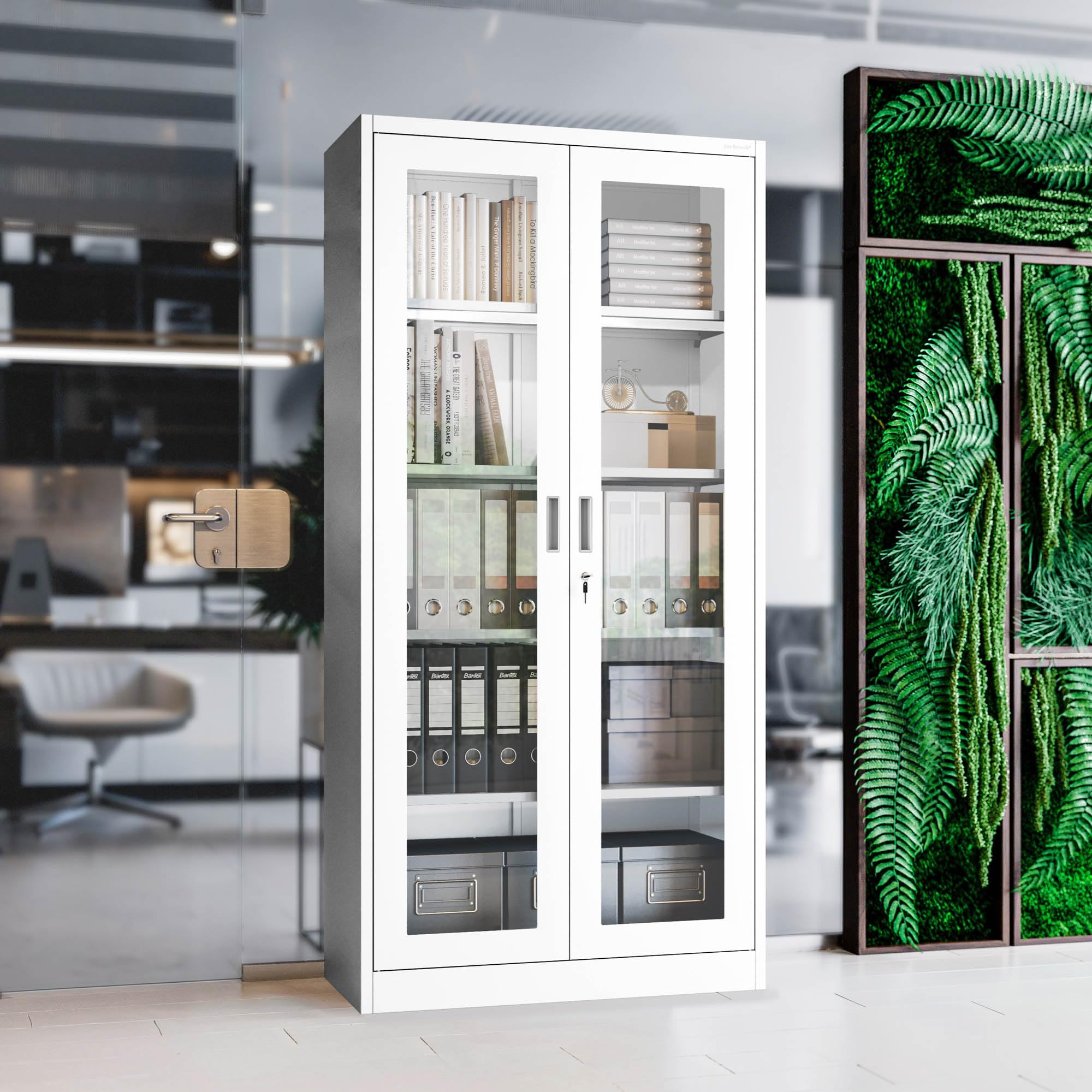 Jan Nowak Aktenschrank C012 Glasvitrine Büroschrank Universalschrank Flügeltürschrank Stahlblech Pulverbeschichtung abschließbar 185 cm x 90 cm x 40 cm (Weiß)