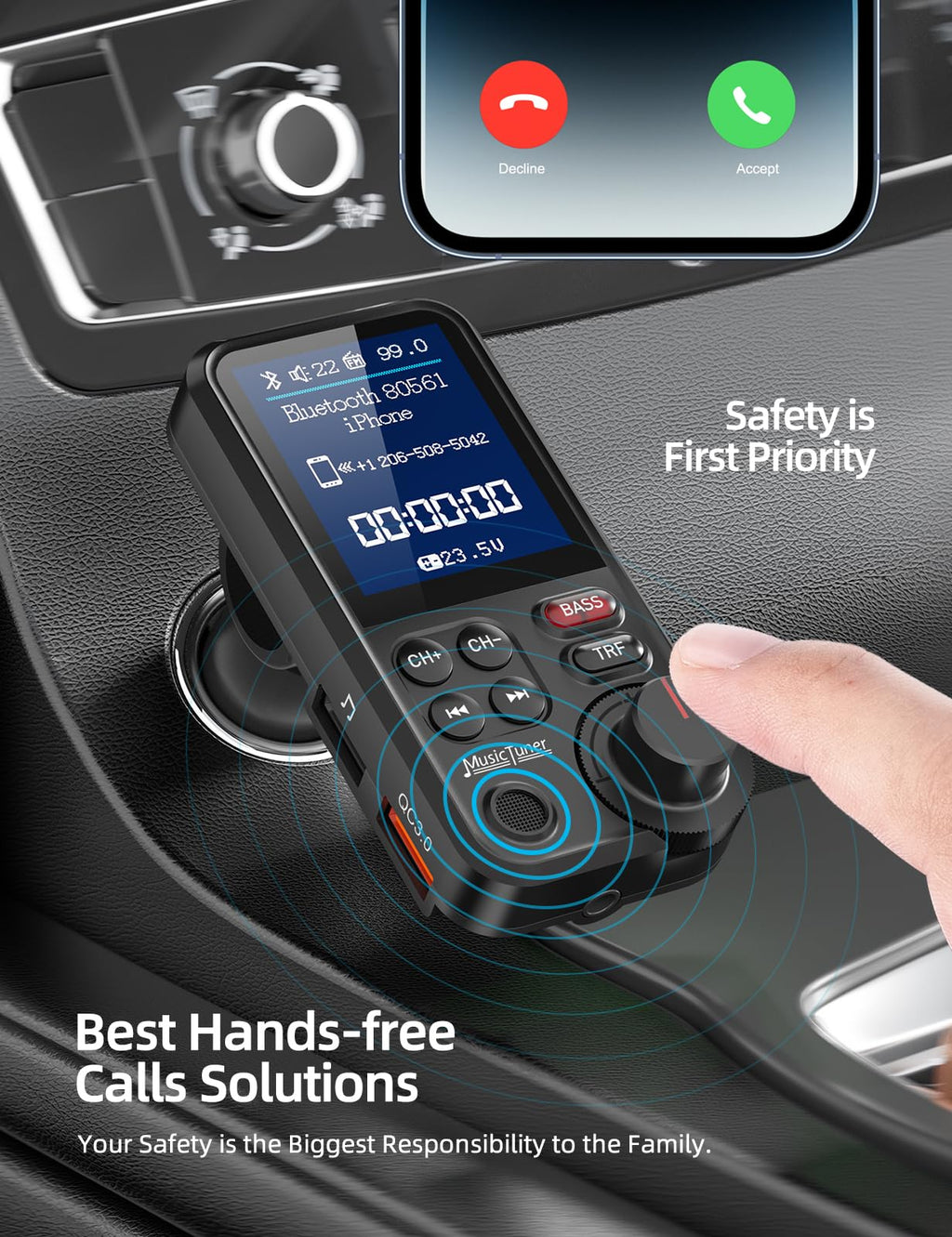 Nulaxy Bluetooth Adapter Auto, Starkes Mikrofon FM Transmitter Auto Bluetooth mit 1,8-Zoll-Farbbildschirm für Freisprechanrufe, unterstützt QC3.0-Lade-, Höhen- und Bassmusik-Player - KM30