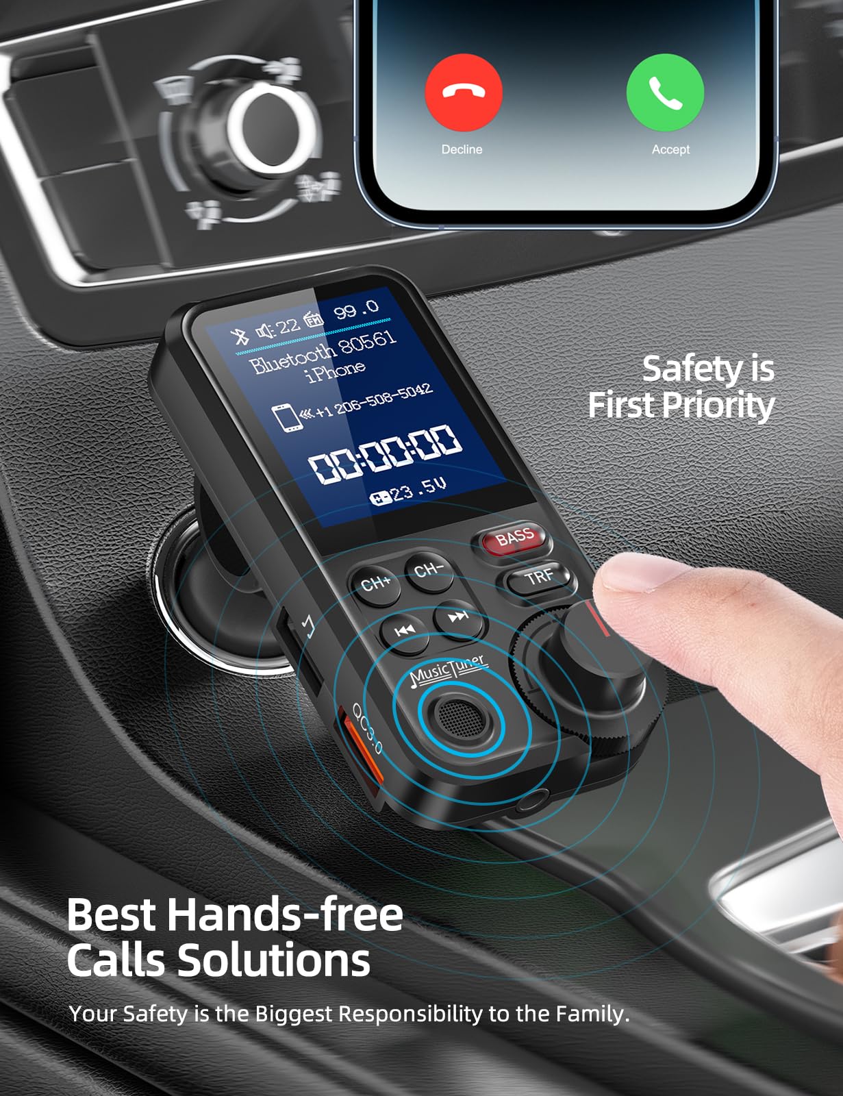 Nulaxy Bluetooth Adapter Auto, Starkes Mikrofon FM Transmitter Auto Bluetooth mit 1,8-Zoll-Farbbildschirm für Freisprechanrufe, unterstützt QC3.0-Lade-, Höhen- und Bassmusik-Player - KM30