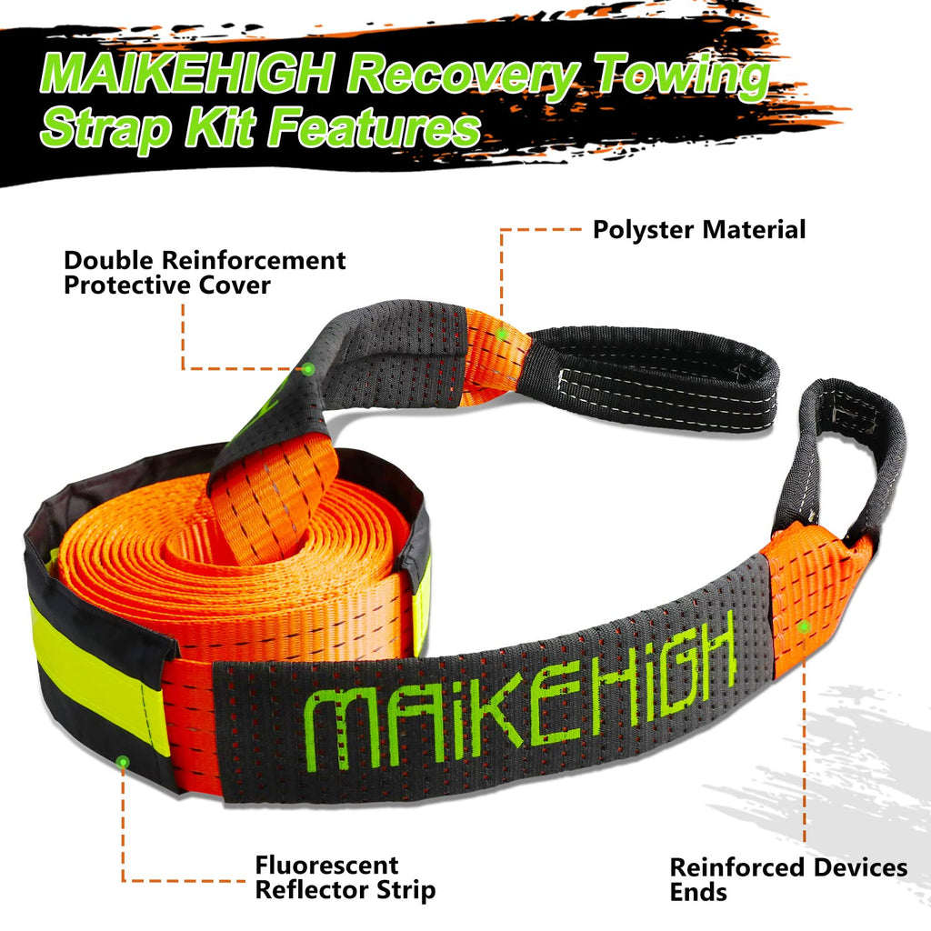 MAIKEHIGH Abschleppseil 5M x 5cm, 10 Tonnen (22,000 Lbs) Polyester Tow Rope Kit Für Off-Road Recovery Mit 2 Verstärkten Haken und 2 Handschuhen