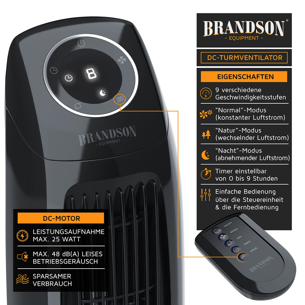 Brandson - Turmventilator Silent ECO Green - Preisträger 2025-9 Geschwindigkeitsstufen - DC Standventilor mit Fernbedienung - Oszillation - Ventilator mit Timer - sehr leise - energiesparend