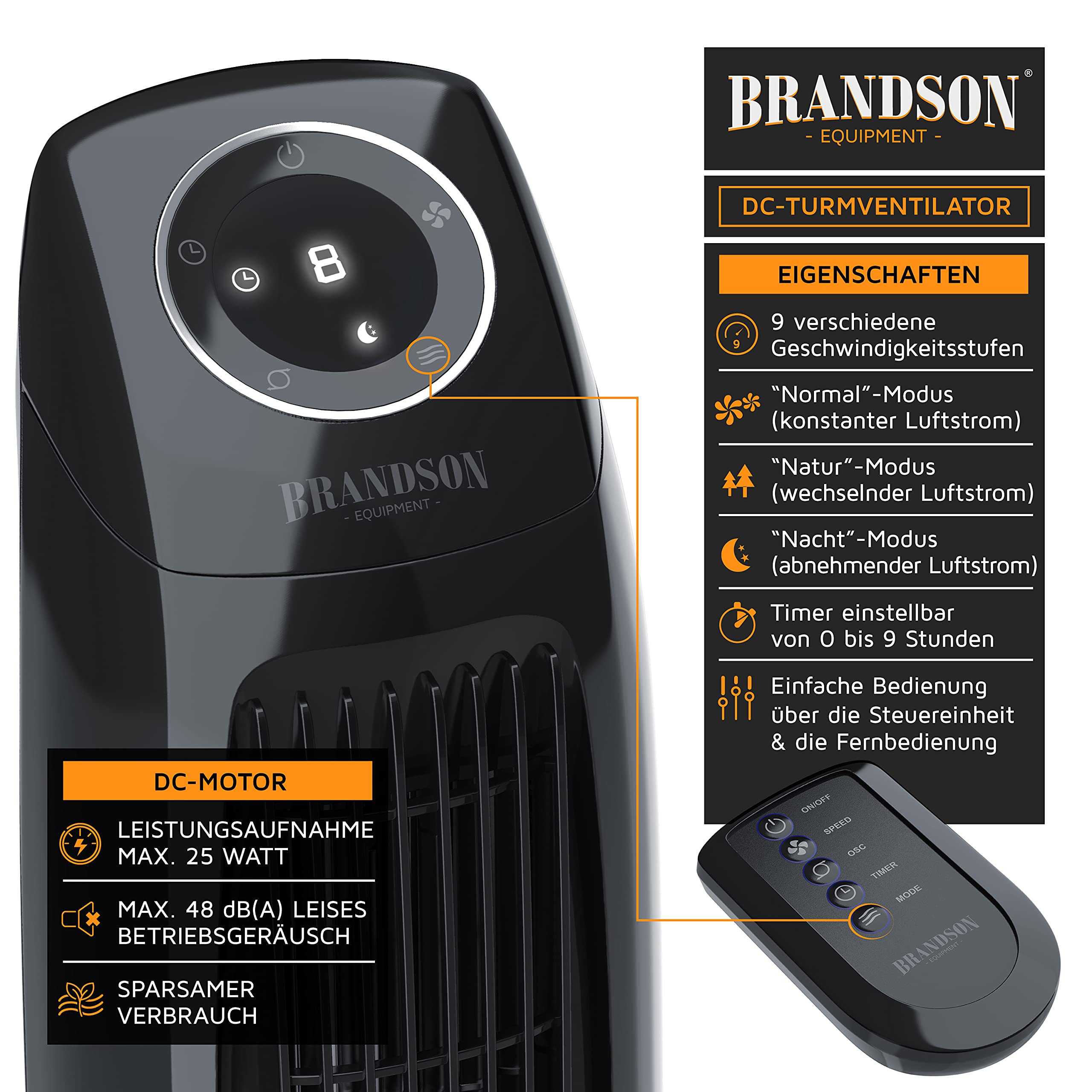 Brandson - Turmventilator Silent ECO Green - Preisträger 2025-9 Geschwindigkeitsstufen - DC Standventilor mit Fernbedienung - Oszillation - Ventilator mit Timer - sehr leise - energiesparend