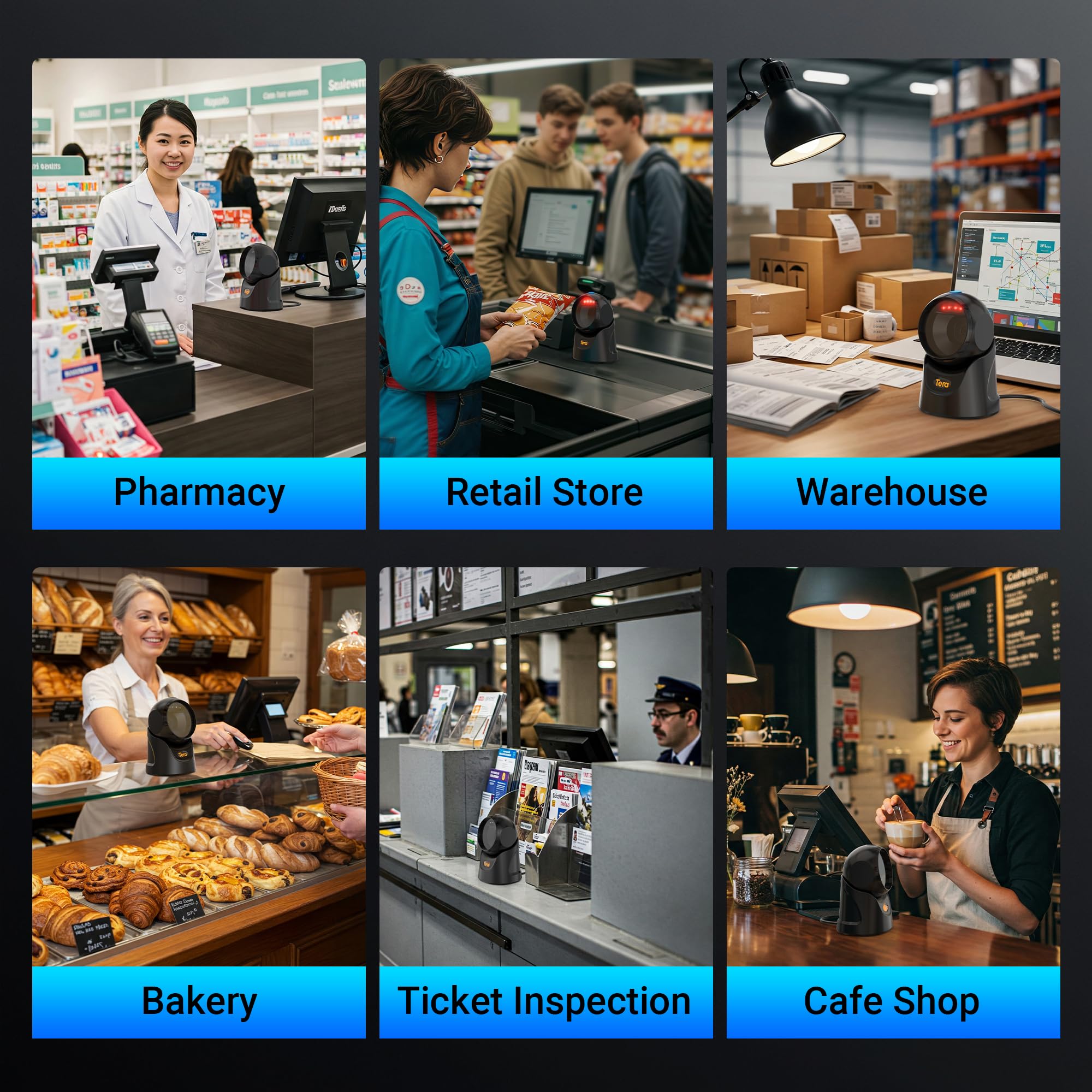 Tera Barcode Scanner Plattform Omnidirektional: 1D 2D QR Code Desktop-Lesegerät Freihändig USB Kabelgebunden Verstellbarer Winkel, Plug-and-Play für POS Supermarkt Lager Einzelhandel Krankenhaus 9700