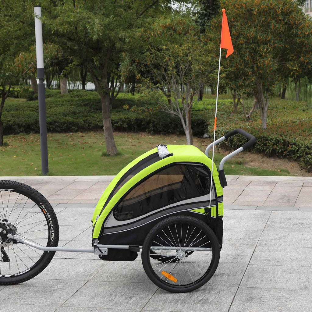 SAMAX Fahrradanhänger Jogger 2in1 360° drehbar Kinderanhänger Kinderfahrradanhänger Transportwagen vollgefederte Hinterachse für 2 Kinder in Grün - Black Edition