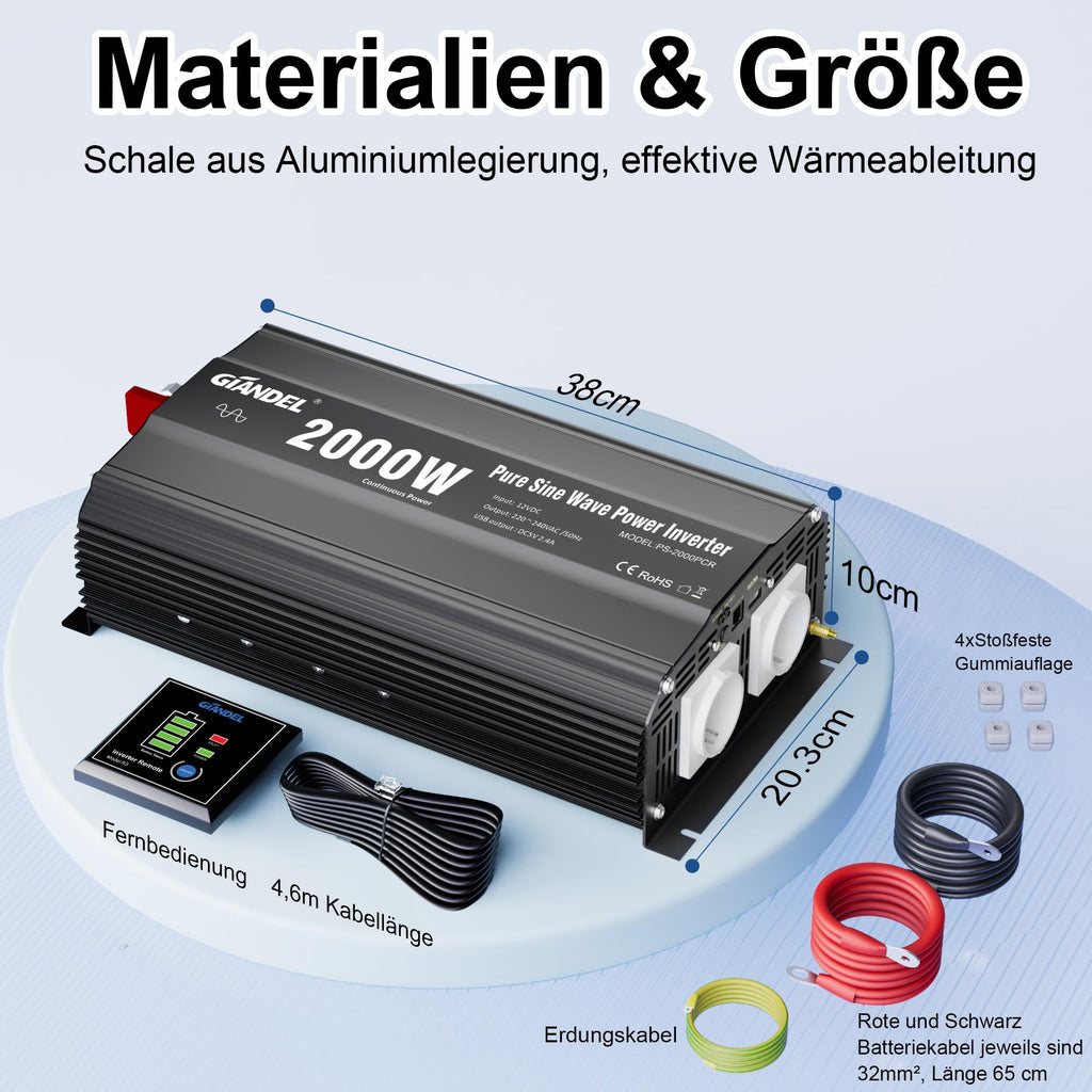 GIANDEL 2000W Wechselrichter 12V auf 230V Reiner Sinus KFZ Spannungswandler Kompatibel mit LiFePO4 Power Inverter mit Fernbedienung und USB Anschlüsse für Wohnmobil LKW Auto Camping