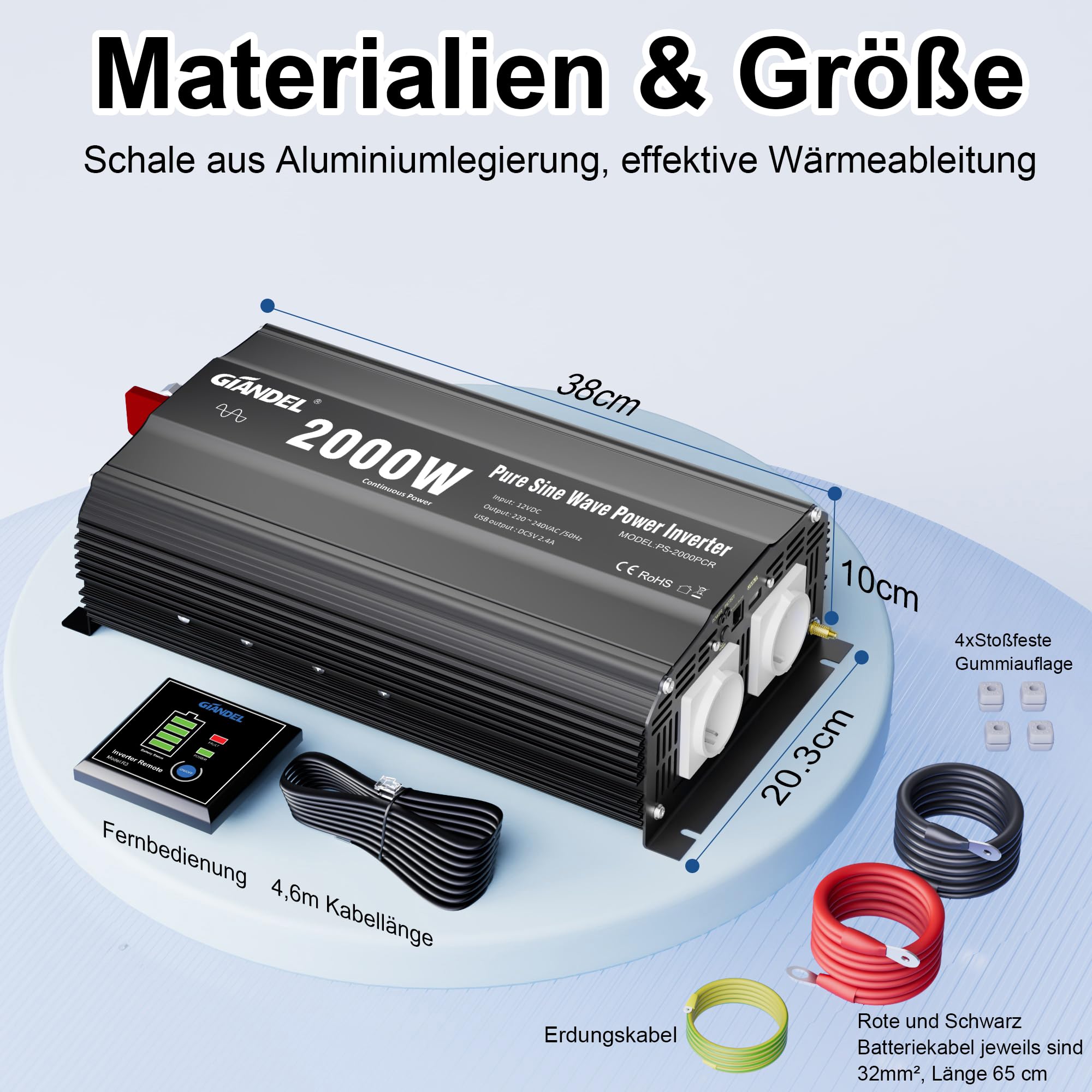 GIANDEL 2000W Wechselrichter 12V auf 230V Reiner Sinus KFZ Spannungswandler Kompatibel mit LiFePO4 Power Inverter mit Fernbedienung und USB Anschlüsse für Wohnmobil LKW Auto Camping