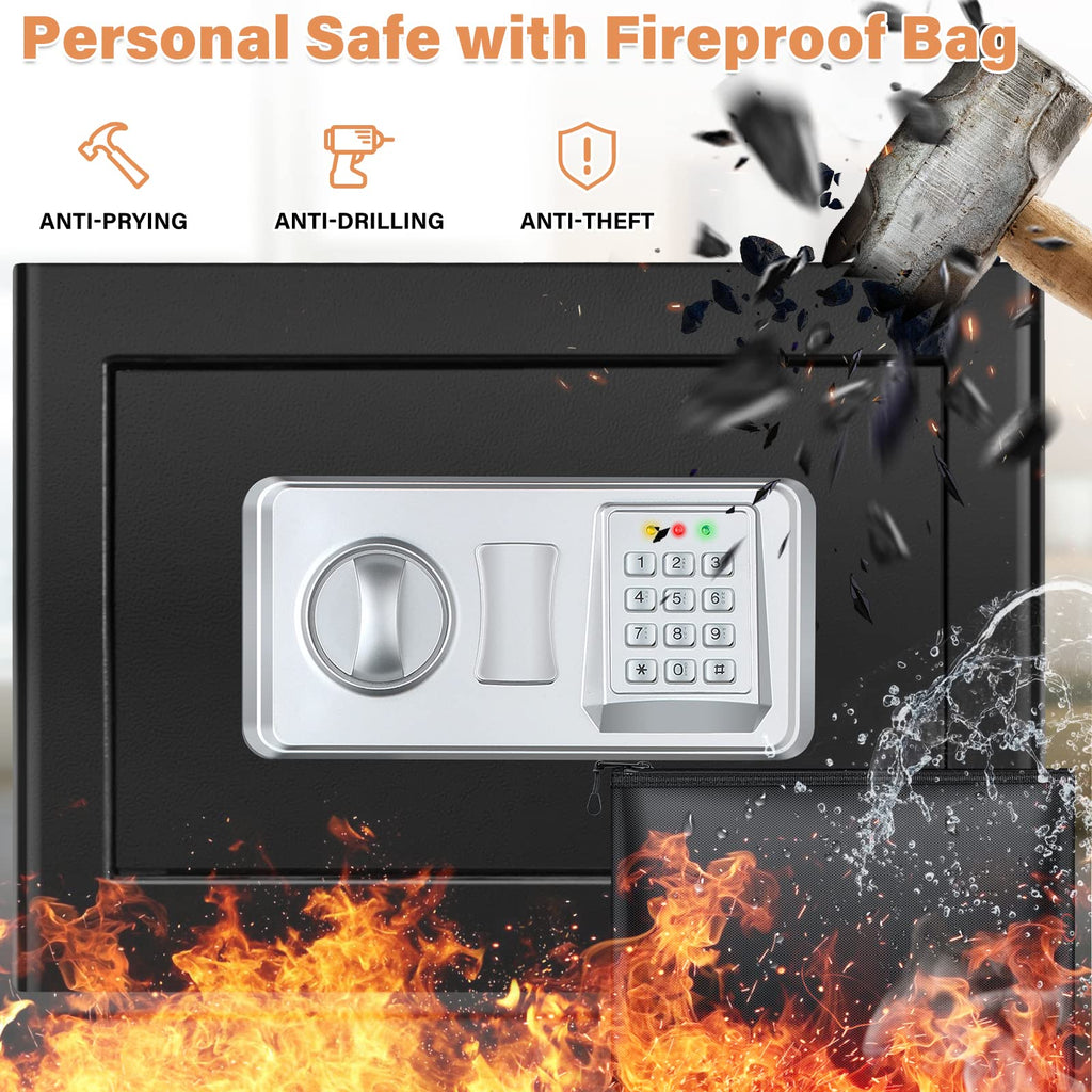 Mejasg Feuerfester Safe mit Geldbeutel, feuerfest, klein, elektrisch, mit abnehmbarem Regal und Alarmmodus, Wandtresor für Schmuck, Geld, Dokumente, Medikamente