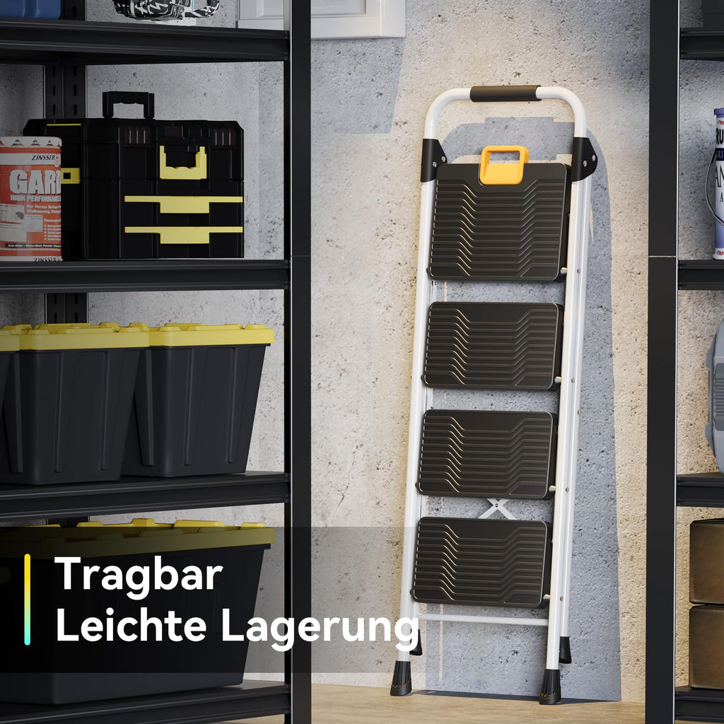 KINGRACK Trittleiter 4 Stufen, Klappleiterkapazität von 150 Kilogramm, Sicherheitsschloss, breite Antirutschpedale, Handläufe, Haushaltsleiter geeignet für Wohnküche und Büroschränke, weiß