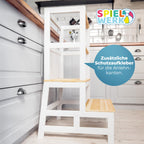 Spielwerk® Lernturm ab 2 Jahren Kinder mit Tafel Montessori 93cm Hoch Learning Tower 100kg Belastbar Trittschemel Kiefer Lernstuhl Küche Weiß Holz
