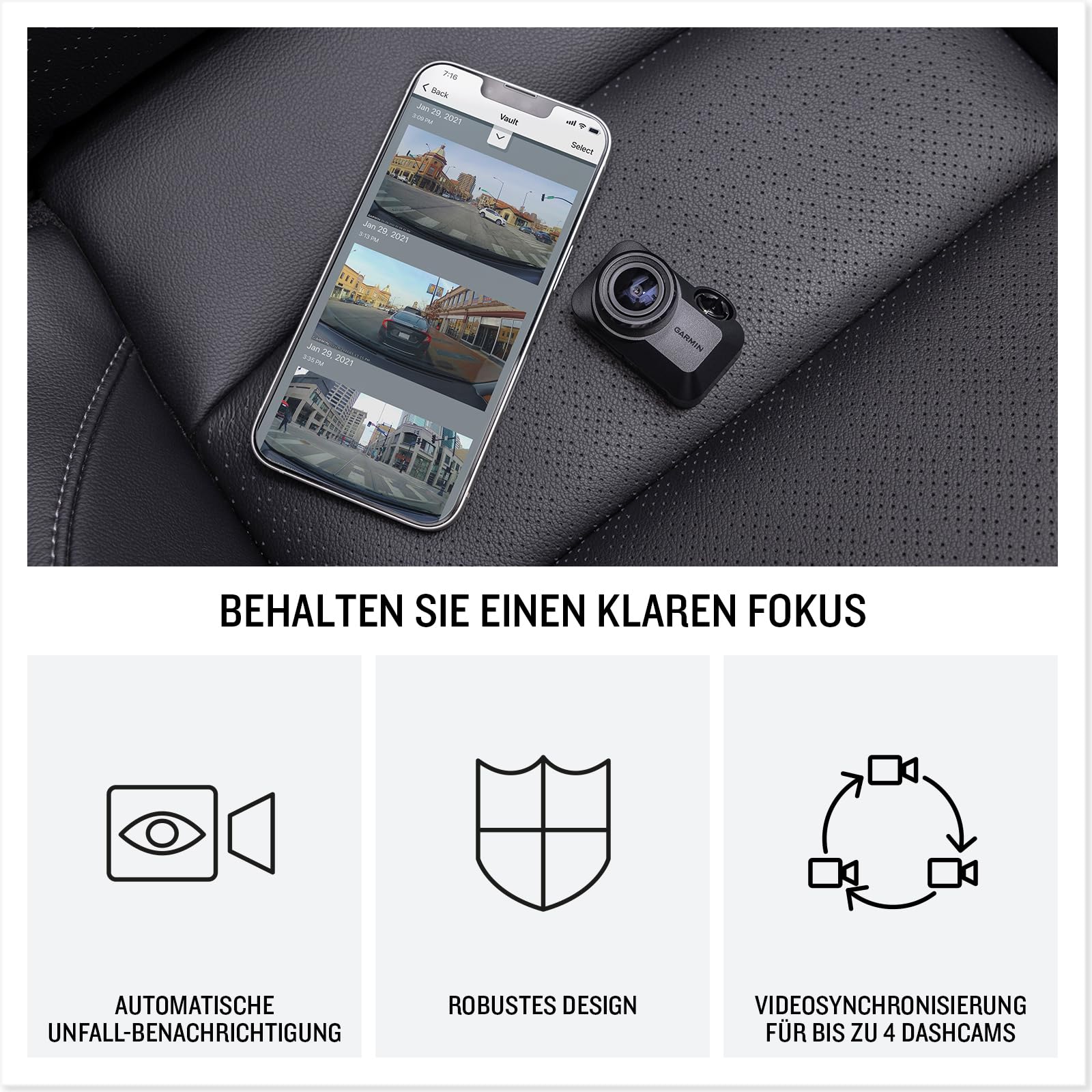 Garmin Dash Cam™ Mini 3 - kleine Dash Cam mit 1.080p HD-Auflösung, 140° Bildwinkel, Garmin Clarity Polfilter und automatischer Unfallerkennung