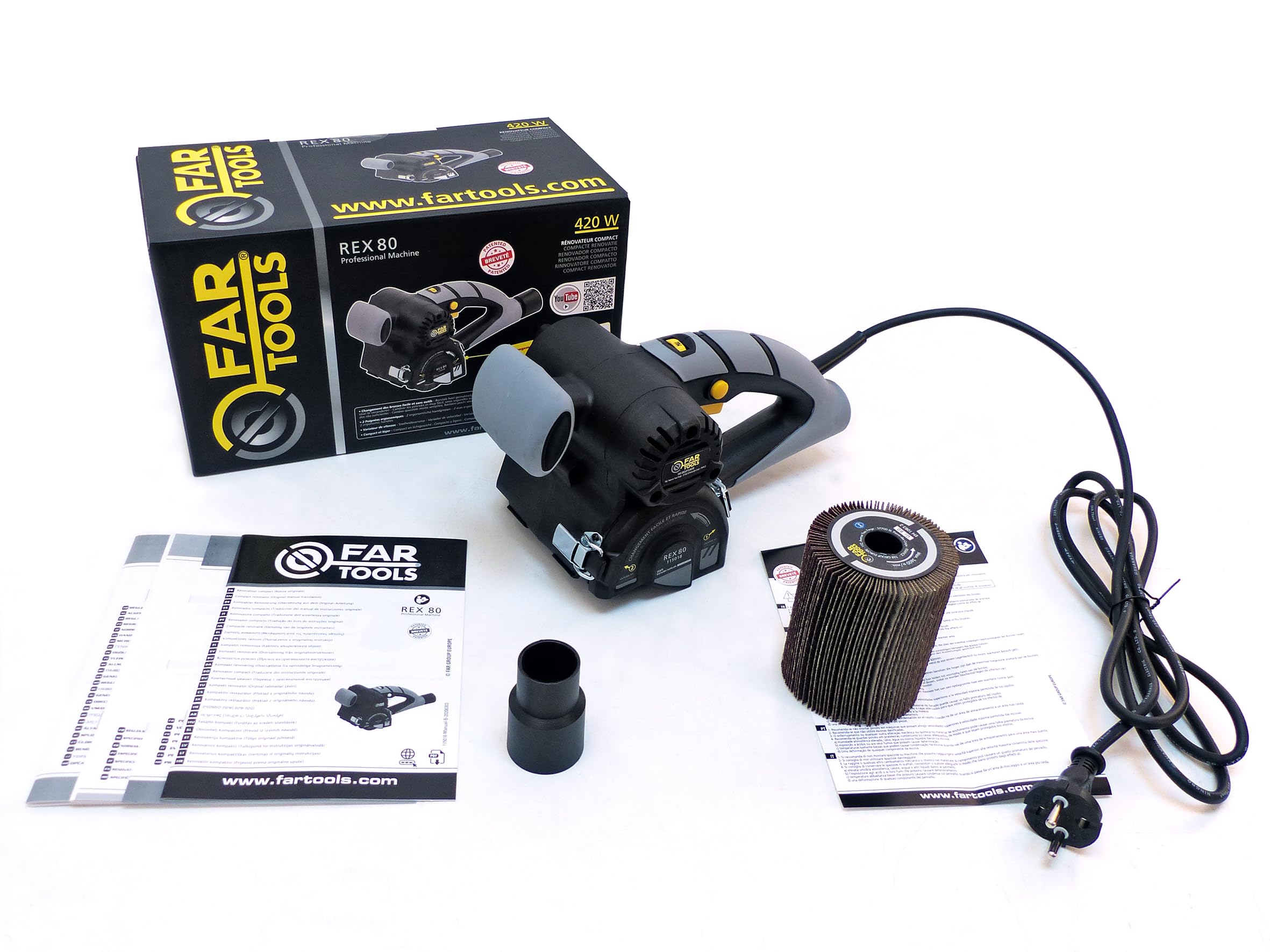 Fartools REX 80 Kompakter Reovierer, 420 W, Lamellenbürste Ø80 mm/L100 mm, 1000 – 3200 U/min, viele anpassbare Bürsten, Abbeizen mittel