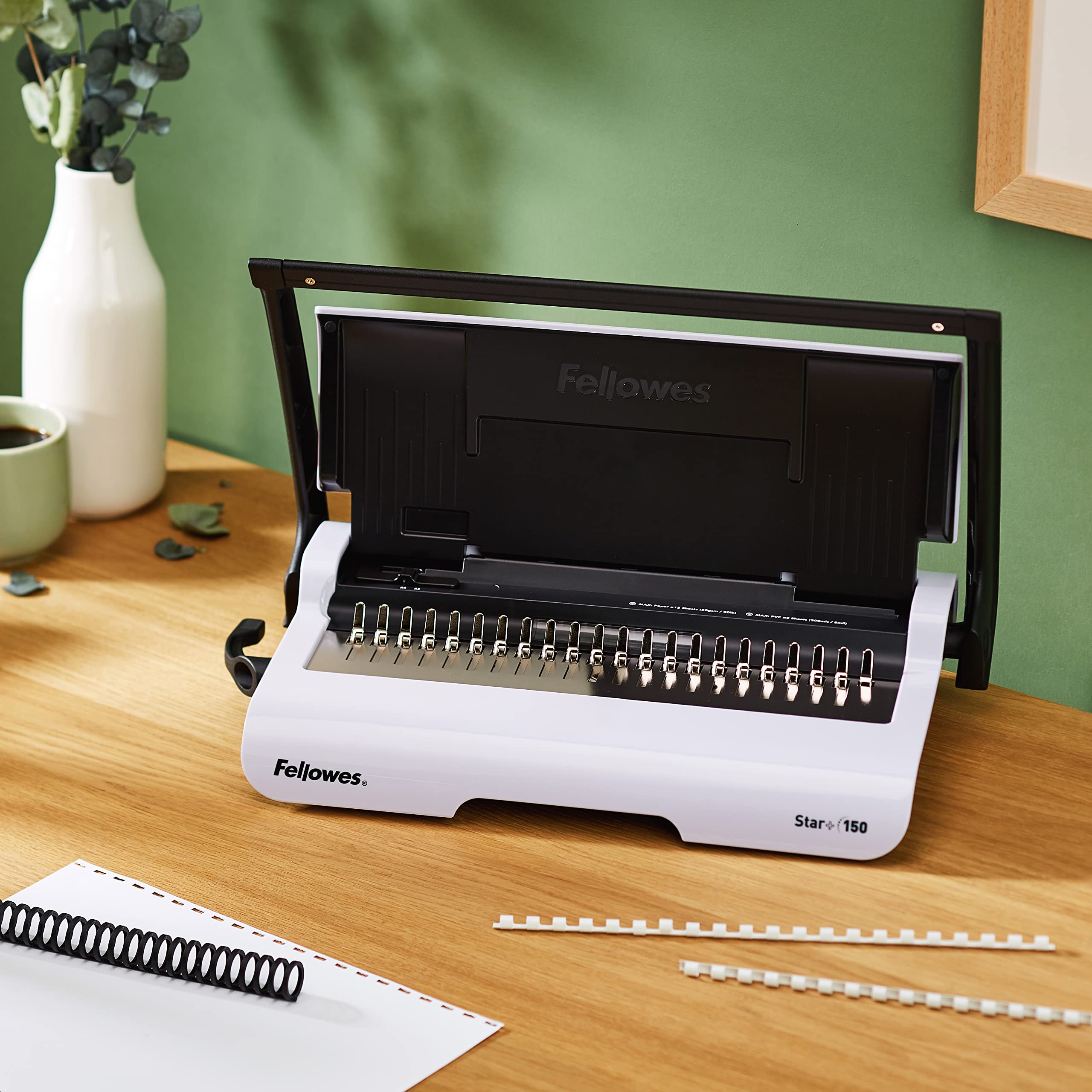Fellowes Star+ Bindemaschine mit Aufbewahrungsfach – 15 Blatt Stanzkapazität für A4-Dokumente – Manuelle Plastikbindemaschine – 150 Blatt Bindekapazität – Ideal für Zuhause oder das kleine Büro