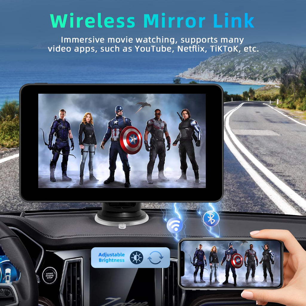 7 Zoll Android Auto Display & Carplay Display, Wireless Car Play Android mit 1080P HD Rückfahrkamera IPS Touch Screen Bluetooth AUX FM Mirror Link Siri, GPS Navigation