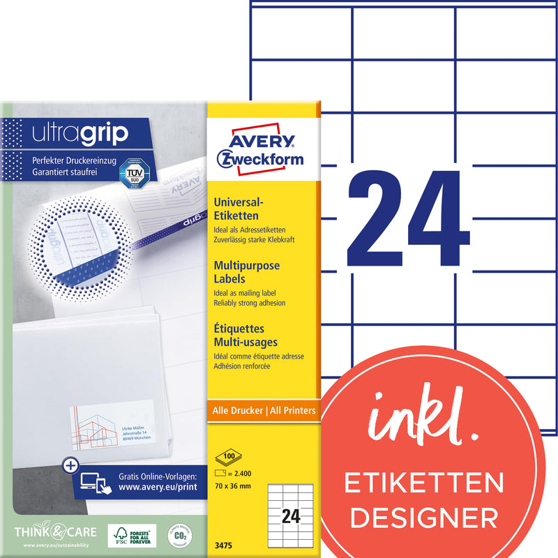 AVERY Zweckform 3475 Adressaufkleber (2.400 Klebeetiketten, 70x36mm auf A4, Papier matt, bedruckbare Absenderetiketten, selbstklebende Adressetiketten mit ultragrip) 100 Blatt, weiß