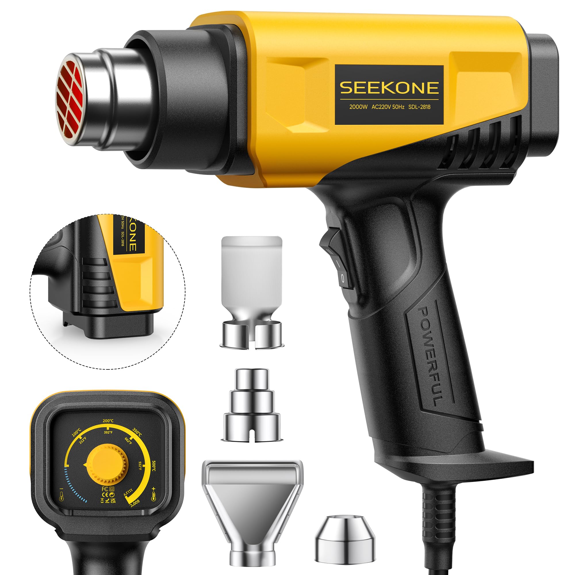 SEEKONE Heißluftfön 2000W Heißluftpistole mit einstellbarer Temperatur 50-600℃ Heißluftpistolen-Kit mit 1.5S Schnelles Aufheizen und Überlastschutz für DIY-Handwerk Entfernen von Farbe