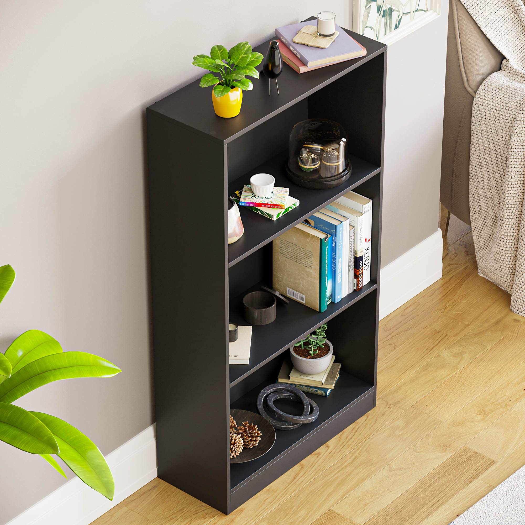 Vida Designs Cambridge Bücherregal mit 3 Ebenen, mittelhoch, schwarz, Holz-Regaleinheit für Büro, Wohnzimmermöbel, 24 x 60 x 108 cm