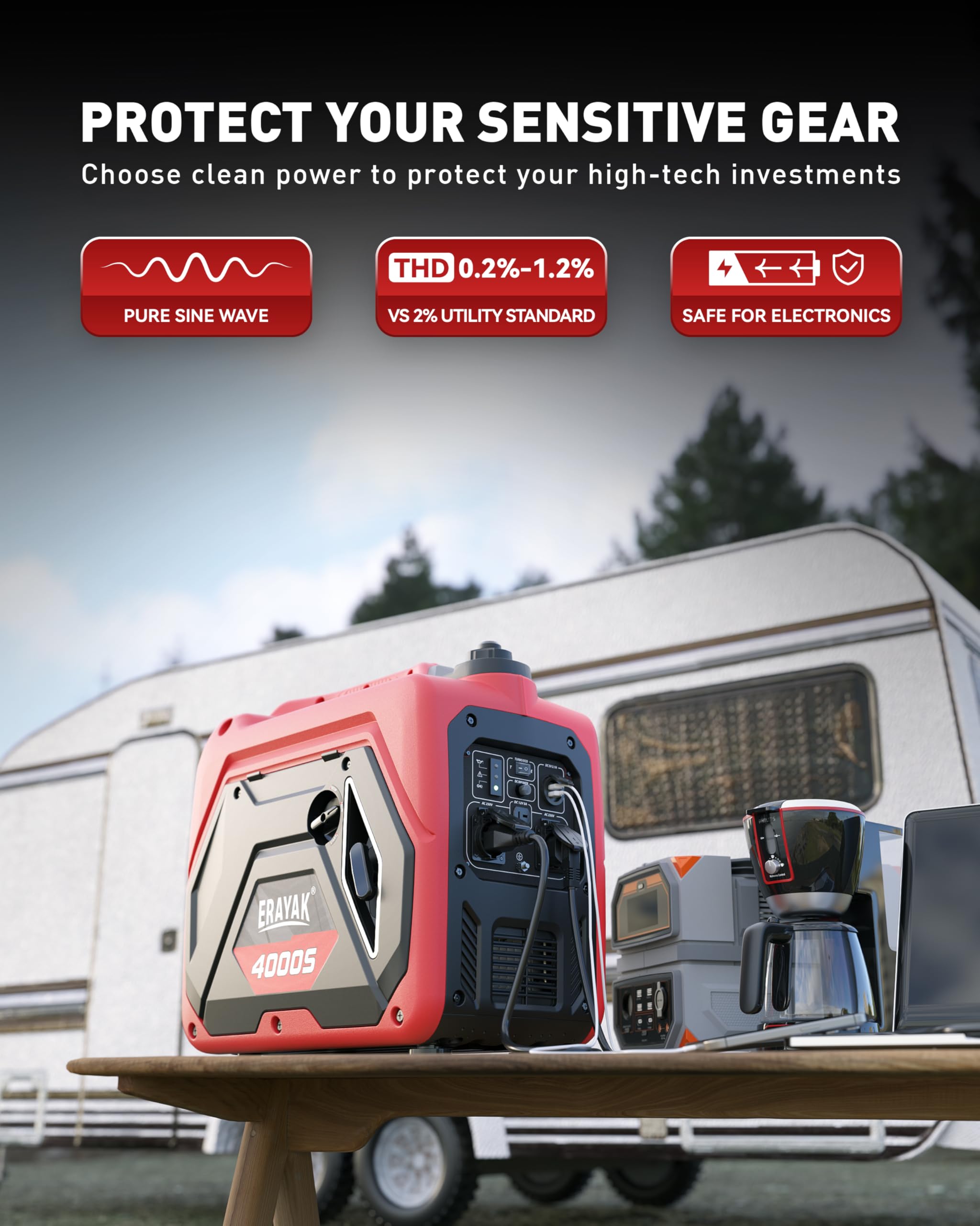 ERAYAK 4000W Notstromaggregat Leise Benzin Inverter Stromerzeuger Stromaggregat Generator Stromgenerator mit Ölsensor ECO-Modus für Camping, Wohnmobile (EYG4000S)