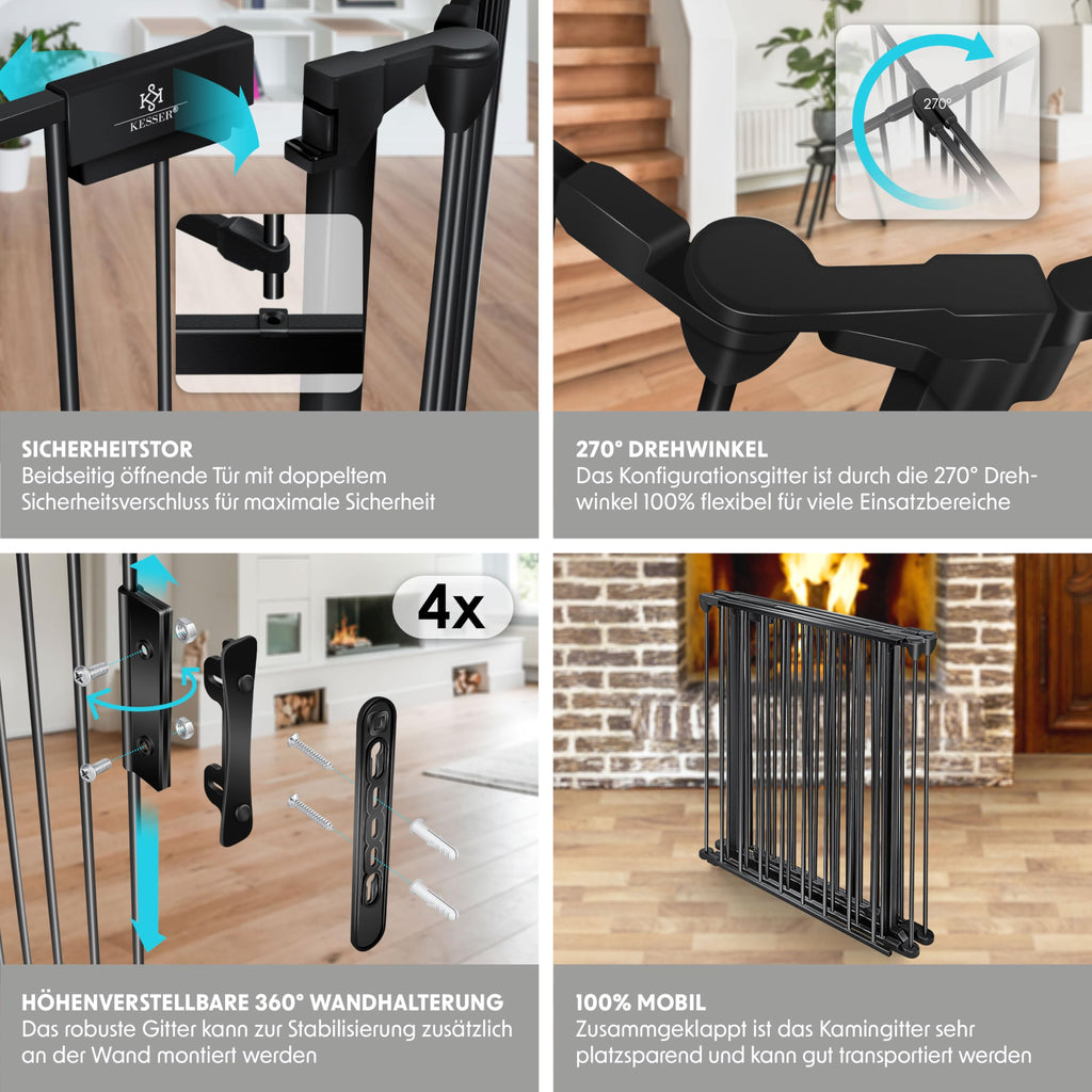 KESSER® Kaminschutzgitter mit Tür 305 cm Metall Ofenschutzgitter Laufgitter Laufstall Absperrgitter Tierschutzgitter Türschutzgitter für Kinder-Sicherung, 5-teilig Elemente (je 60 x 75 cm) Schwarz