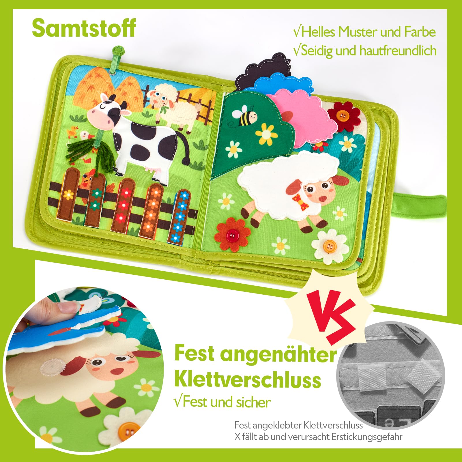 Hahaland Montessori Spielzeug ab 1 Jahr – Quiet Book mit Bauernhof Thema, 20-in-1 Busy Board Weichem Filz für Frühe Bildung,Busy Book für Autofahrten, Geschenk Spielzeug ab 1 2 3 4 Jahre Mädchen Junge