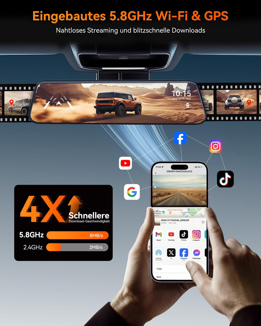 WOLFBOX 12" G840H Spiegel Dashcam mit Rückfahrkamera, ADAS und BSD, 2.5K Dual Dash Cam Spiegel mit 5.8GHz WiFi, Sprachsteuerung, Loop-Aufnahme, Parküberwachung, Kostenlose 32 GB Karte und GPS
