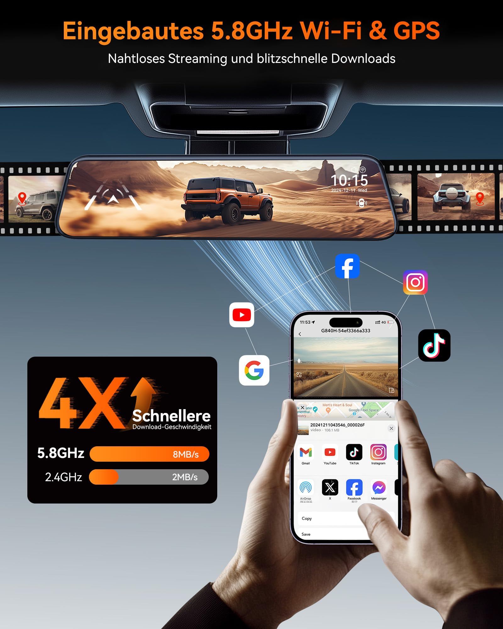 WOLFBOX 12" G840H Spiegel Dashcam mit Rückfahrkamera, ADAS und BSD, 2.5K Dual Dash Cam Spiegel mit 5.8GHz WiFi, Sprachsteuerung, Loop-Aufnahme, Parküberwachung, Kostenlose 32 GB Karte und GPS