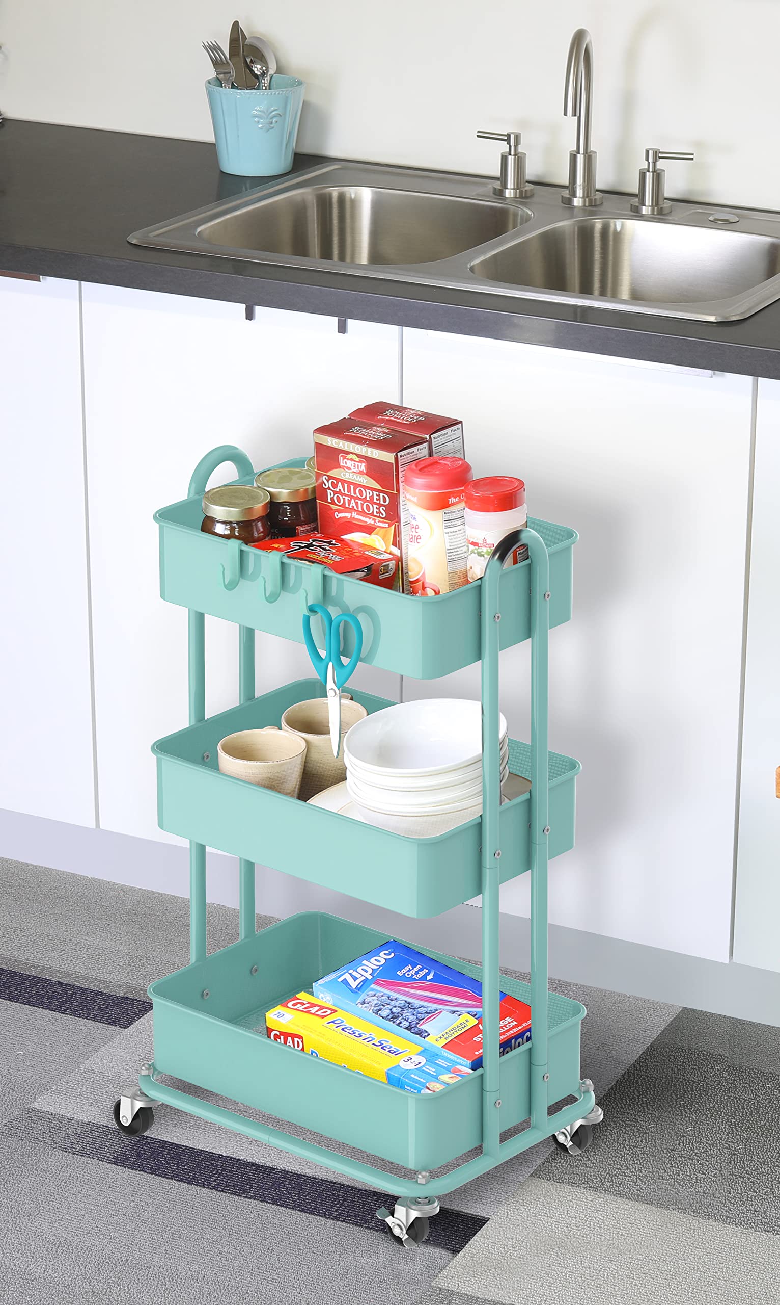 Simple Houseware Hochleistungs-Rollwagen mit 3 Ebenen aus Metall, Türkis