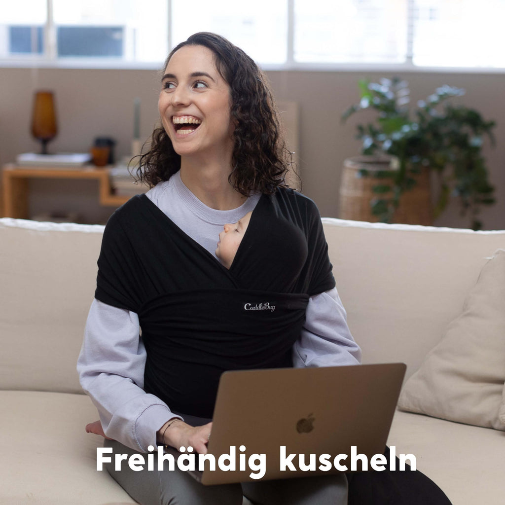 CuddleBug Babytragetuch ab Geburt bis 36 Monate (3,2-15,8 kg) - Kuscheliges & Elastisches Tragetuch Baby, Verstellbar von XS bis XXL, Stillfreundlich & Einfach zu Binden (Schwarz/Black)