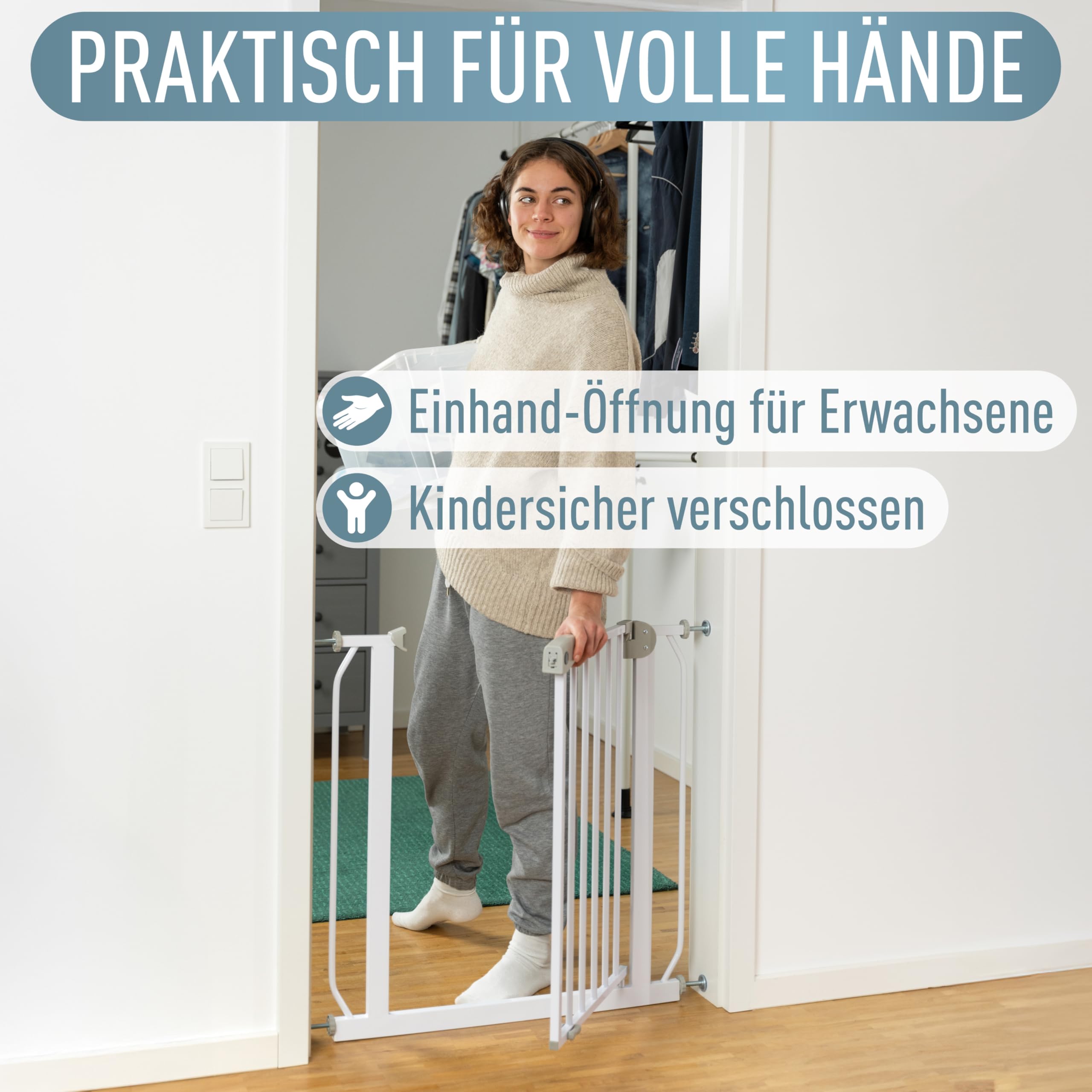 IB STYLE Türschutzgitter Berrin 105-115 cm - Treppenschutzgitter für Kinder, Klemmgitter für Hunde,Ohne Bohren, Weiß Grau