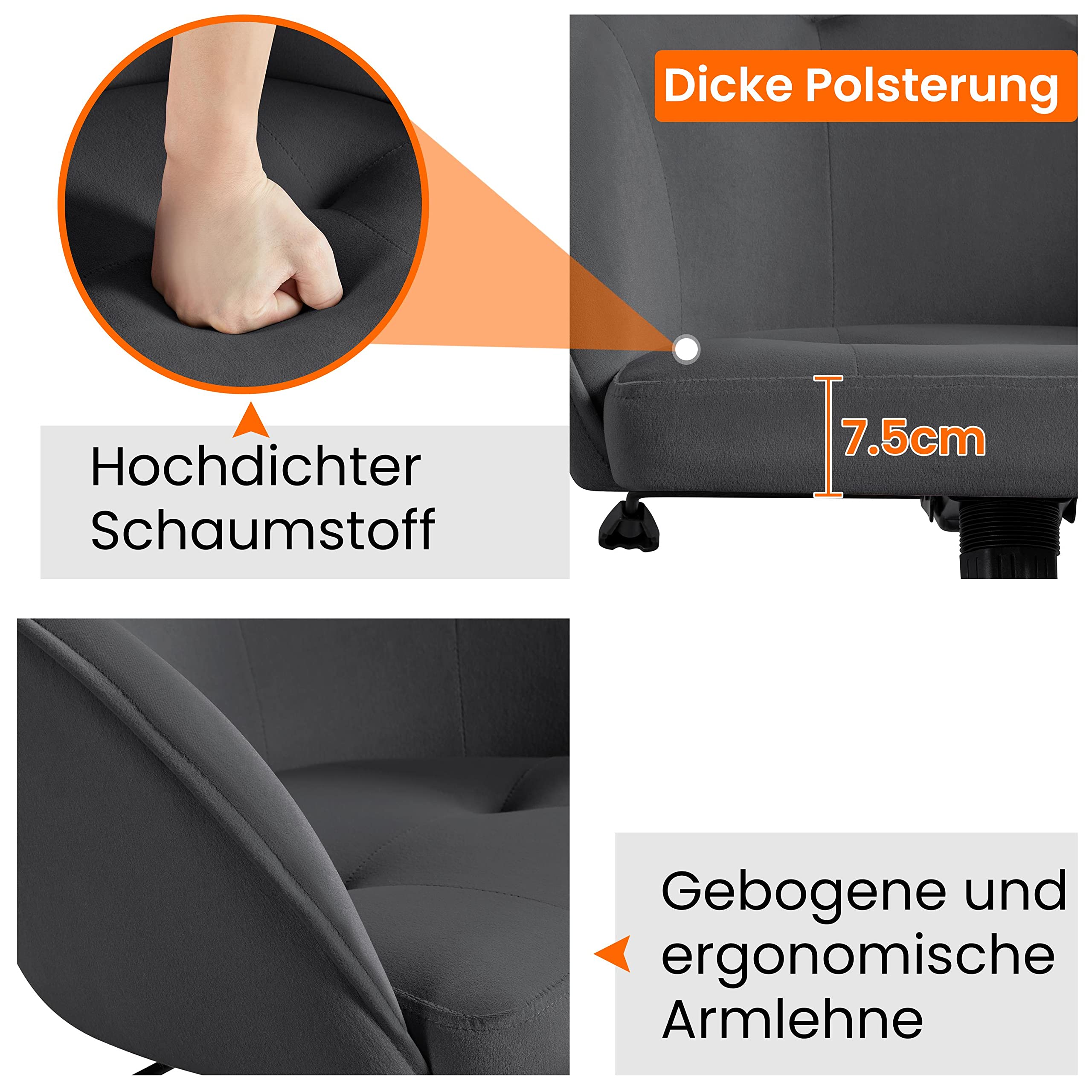 Yaheetech Homeoffice Stuhl, Schminkstuhl, höhenverstellbar Drehstuhl, SamtStuhl Schreibtischstuhl für Arbeitszimmer, Schlafzimmer, Atmungsaktiv Rollstuhl bis 136 KG belastbar Dunkelgrau