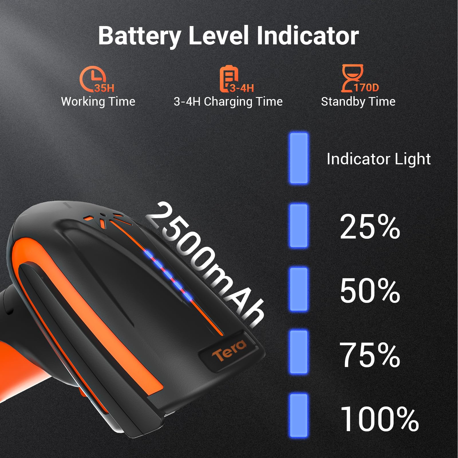 Tera Pro 3 in 1 Extreme Leistung Barcodescanner Kabellos 1D 2D QR Bluetooth Kabellos 2,4G & Kabelgebunden USB-C Industriell 1D Barcode Scanner 2500mAh Exzellente Fallfestigkeit mit Ständer 8100 Orange