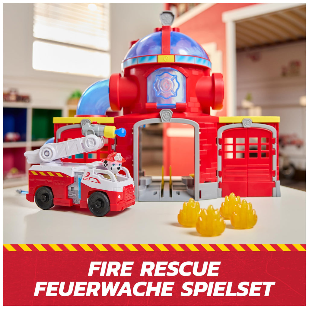 PAW PATROL – Fire Rescue Feuerwehr-Station mit Licht- und Soundeffekten, Wasserkanone, Rutschstange und Startrampe, ca. 38 cm, inkl. Marshall-Figur und Feuerwehrauto, für Kinder ab 3 Jahren