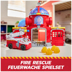 PAW PATROL – Fire Rescue Feuerwehr-Station mit Licht- und Soundeffekten, Wasserkanone, Rutschstange und Startrampe, ca. 38 cm, inkl. Marshall-Figur und Feuerwehrauto, für Kinder ab 3 Jahren