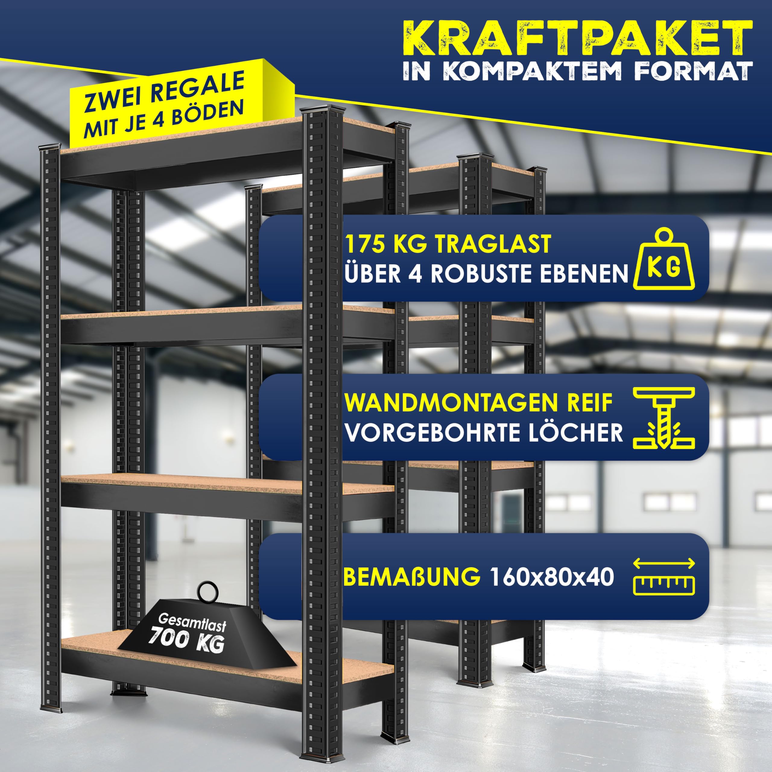 MASKO® 2er-Set Lagerregal Schwerlastregal, Kellerregal, 160 x 80 x 40 cm, bis 700kg belastbar, 4 verstellbare Ablagen, MDF-Platten Regal aus Metall, Steckregal, Werkstattregal, Keller, Garage Schwarz