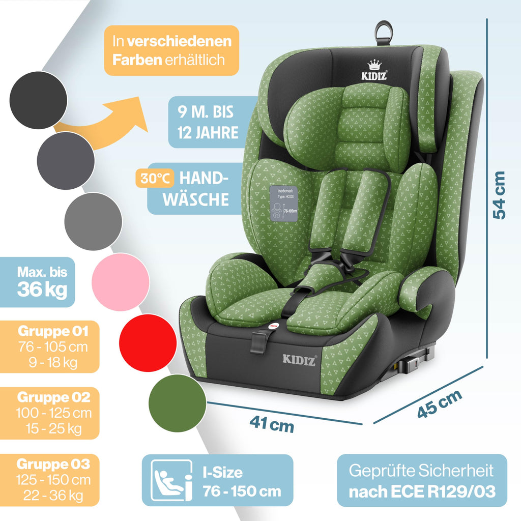 KIDIZ® Autokindersitz Triangle Premium Kindersitz mit Isofix Kinderautositz | Autositz Sitzschale | 9 kg - 36 kg 1-12 Jahre | Gruppe 1/2/3 | universal | zugelassen nach ECE R129/03