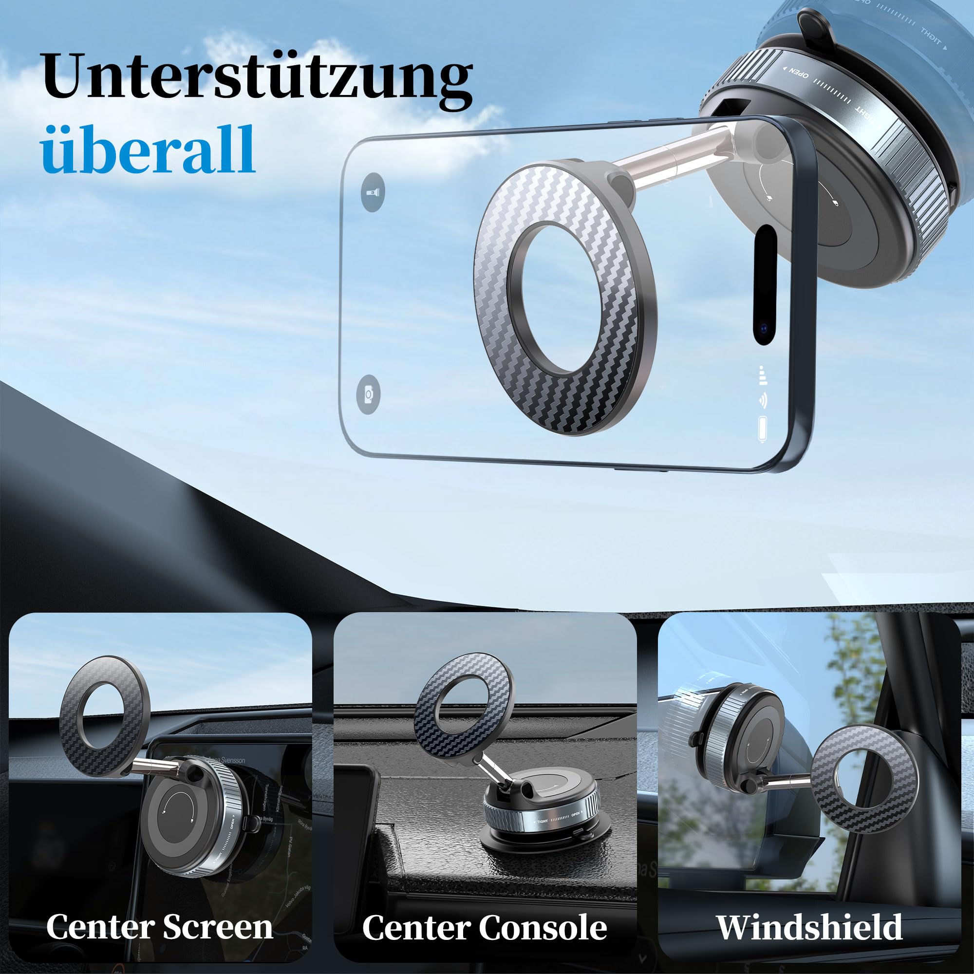 PlusAcc Vakuum Handyhalterung Auto Saugnapf - 360°Drehbar Zusammenklappbar Tragbar Magnetisch Handy Halter für iPhone 17/16/15/14/13/12 an Windschutzscheibe/Armaturenbrett/Spiegel befestigt