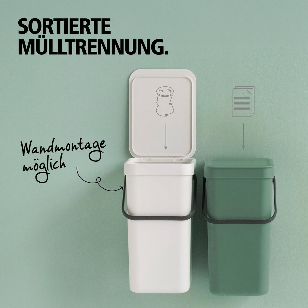 Brabantia Sort & Go Abfalleimer mit Deckel 6 L (grau), platzsparender Biomüll Behälter mit Griff, abnehmbarer, feststellbarer Deckel, leicht zu reinigender kleiner Mülleimer ohne Ecken und Ränder
