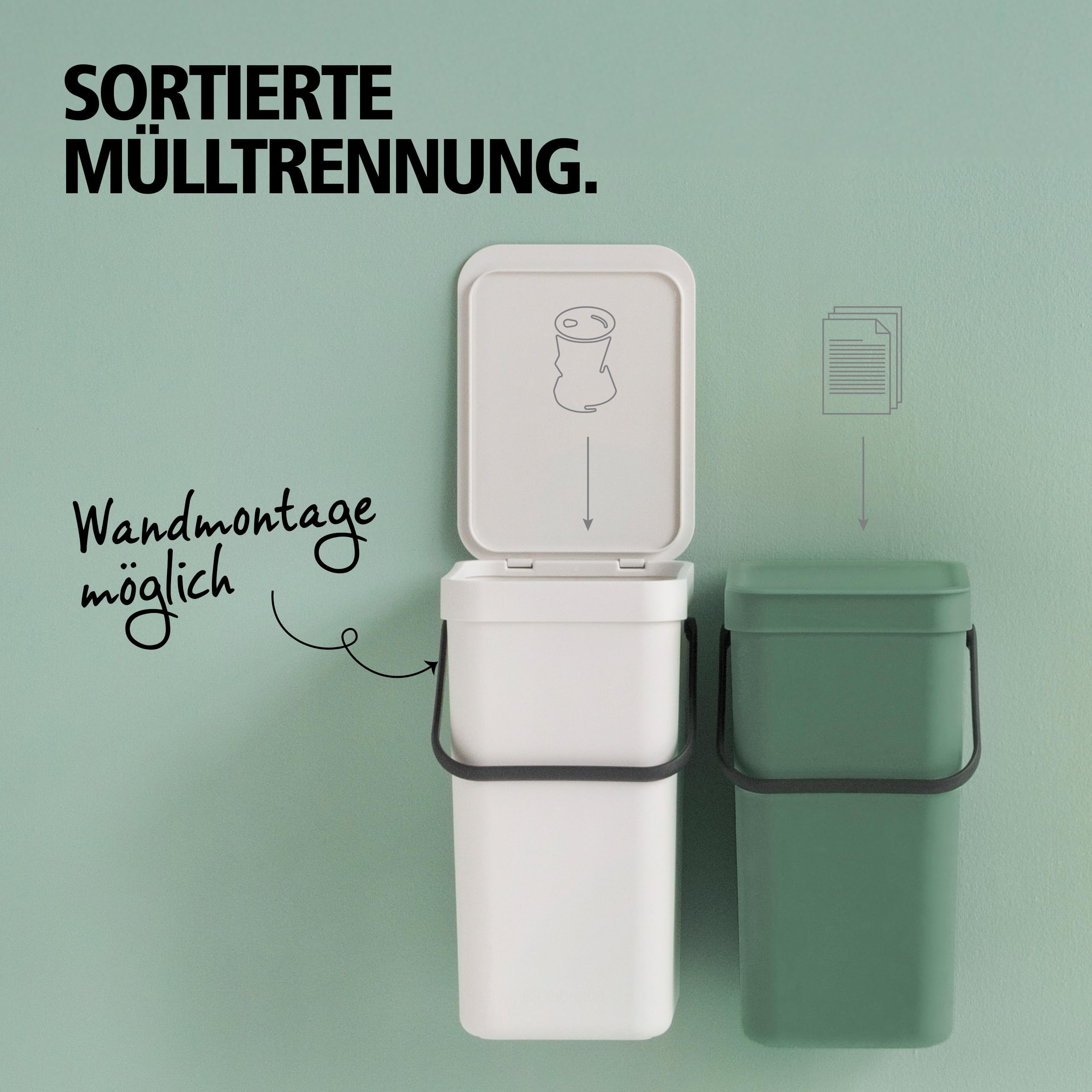 Brabantia Sort & Go Abfalleimer mit Deckel 6 L (grau), platzsparender Biomüll Behälter mit Griff, abnehmbarer, feststellbarer Deckel, leicht zu reinigender kleiner Mülleimer ohne Ecken und Ränder