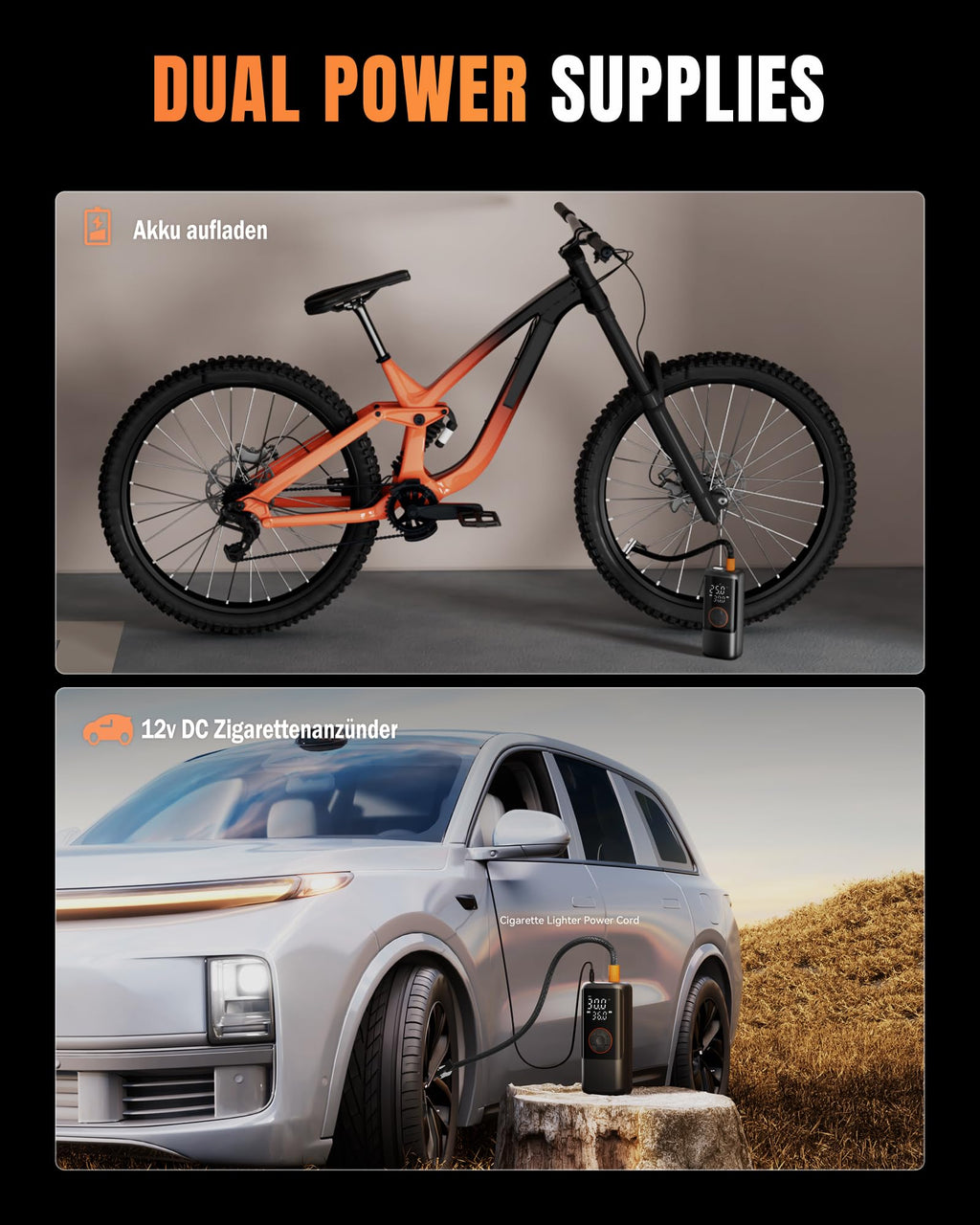 Elektrische Luftpump mit Akku, 150 PSI Luftpumpe für Fahrradpumpe, Tragbar Mini Kompressor mit Manometer & Doppelt-LED-Anzeige, 12V DC Elektrische Autoreifen für Autos, Motorräder, Fahrräder und Bälle