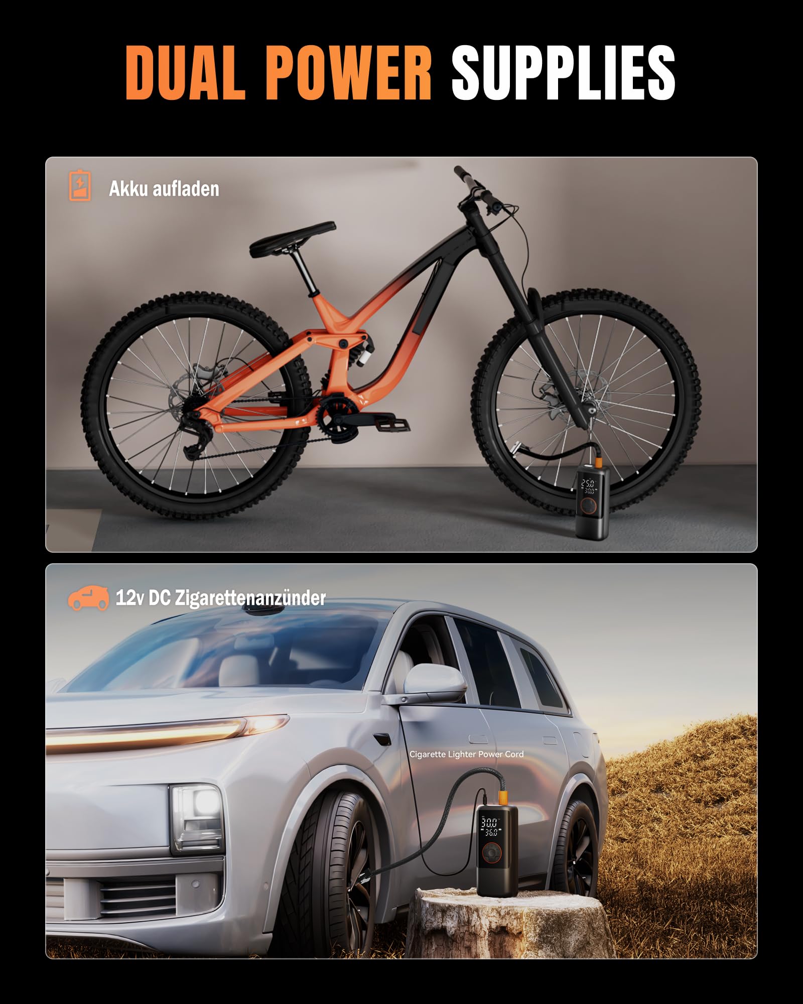 Elektrische Luftpump mit Akku, 150 PSI Luftpumpe für Fahrradpumpe, Tragbar Mini Kompressor mit Manometer & Doppelt-LED-Anzeige, 12V DC Elektrische Autoreifen für Autos, Motorräder, Fahrräder und Bälle