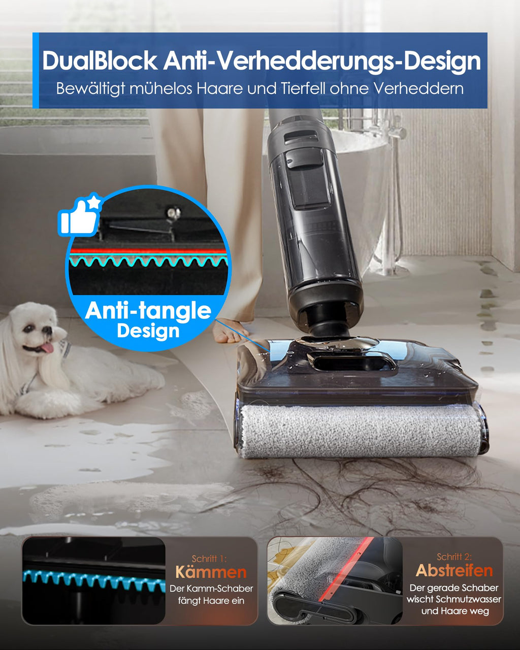 Tineco FLOOR ONE S7 Stretch Steam Nass Trockensauger 160 °C HyperSteam Dampfreiniger, 80 Min Laufzeit, DualBlock Anti-Tangle, FlashDry Selbstreinigung, Dreiseitige Kantenreinigung, hartnäckige Flecken