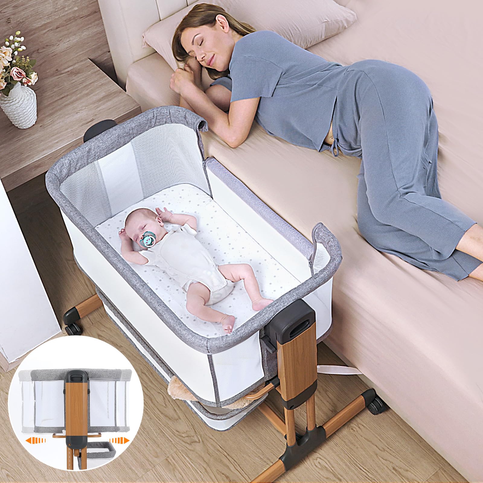 Growaystory 3 in 1 Baby-Beistellbett, Babybett mit Weich Matratze, Sicher Getestet & Vielseitig Einsetzbar, 7-Fach Höhenverstellung, Faltbare Seitenwand mit Rollen für Zuhause und Unterwegs